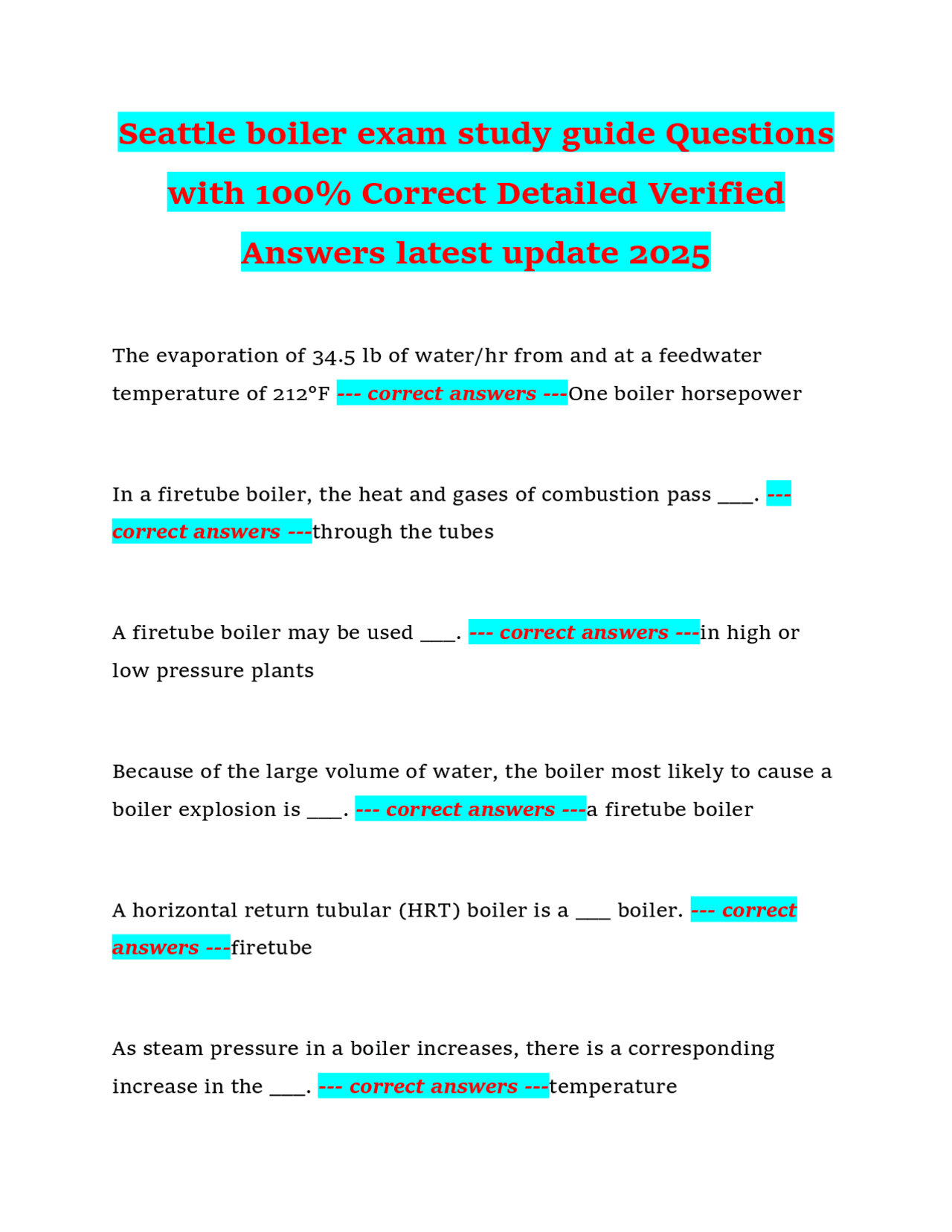 Seattle boiler exam study guide Questions with 100 Correct Detailed