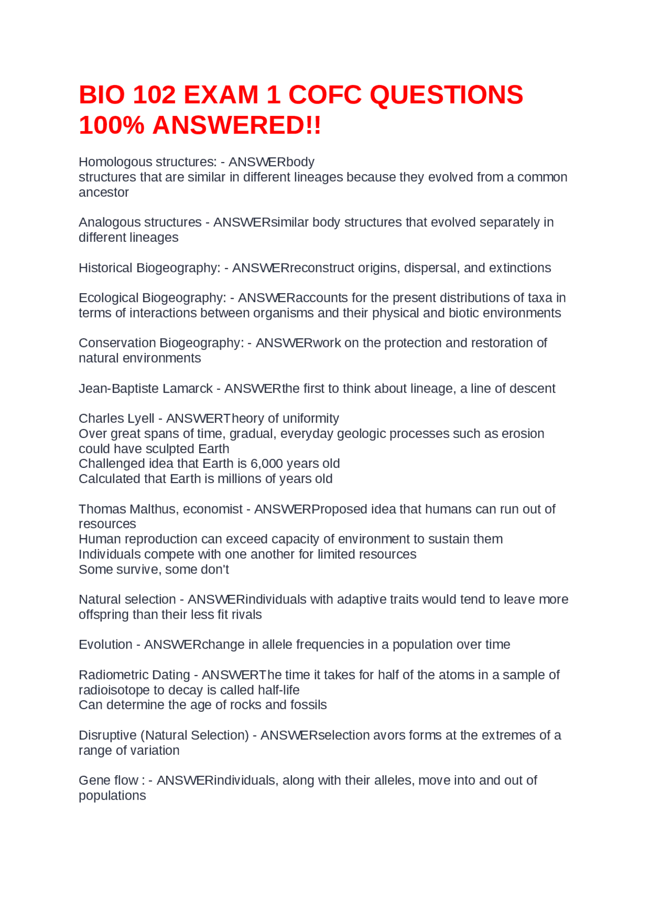 BIO 102 EXAM 1 COFC QUESTIONS 100% ANSWERED!! | Exams Biology | Docsity