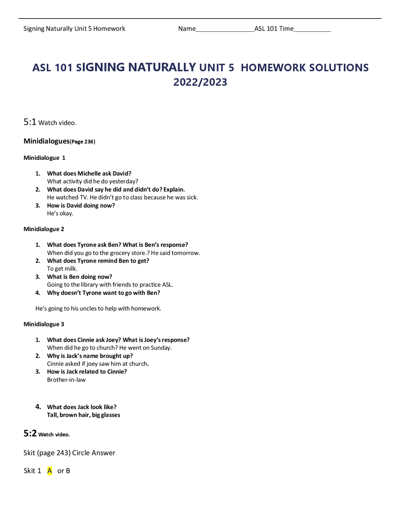 ASL 101: Signing Naturally Unit 5 Homework Solutions | Exams Nursing ...
