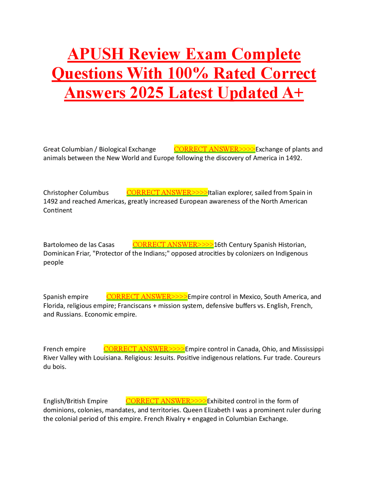 APUSH Review Exam Complete Questions With 100% Rated Correct Answers ...