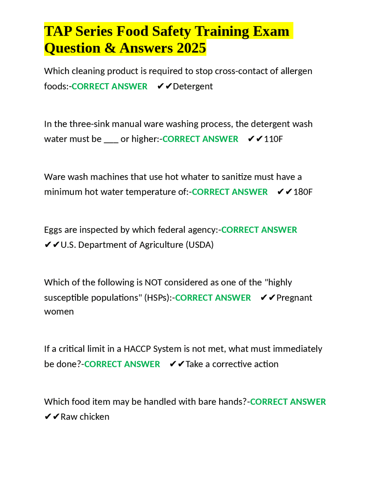 TAP Series Food Safety Training Exam Question & Answers 2025 | Exams ...