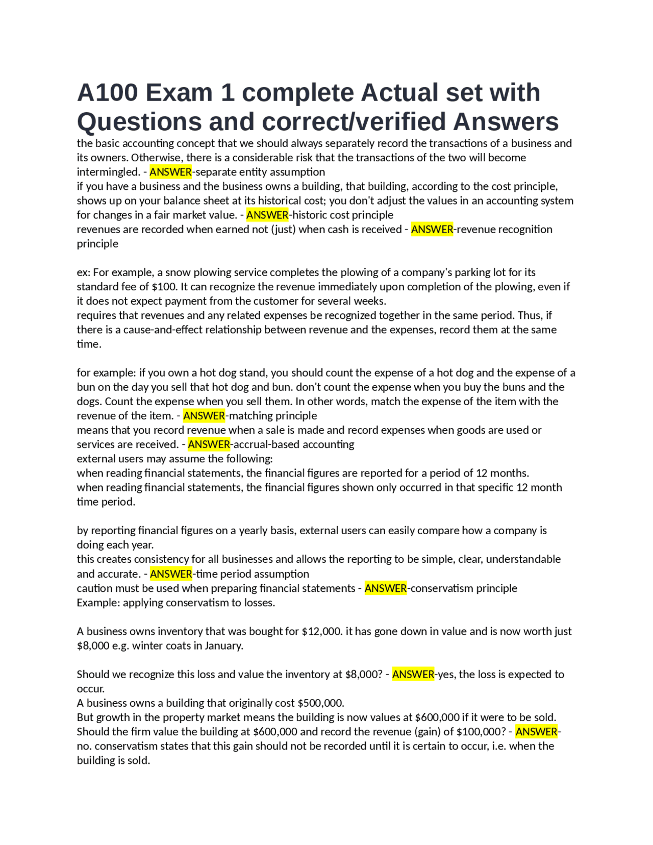 A100 Exam 1 complete Actual set with Questions and correct/verified ...