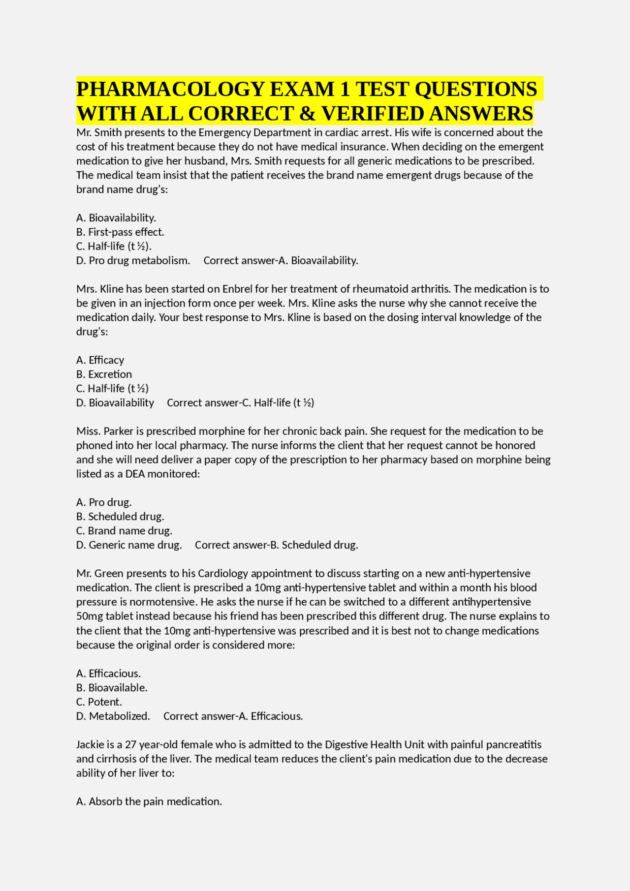 PHARMACOLOGY EXAM 1 TEST QUESTIONS WITH ALL CORRECT & VERIFIED ANSWERS ...