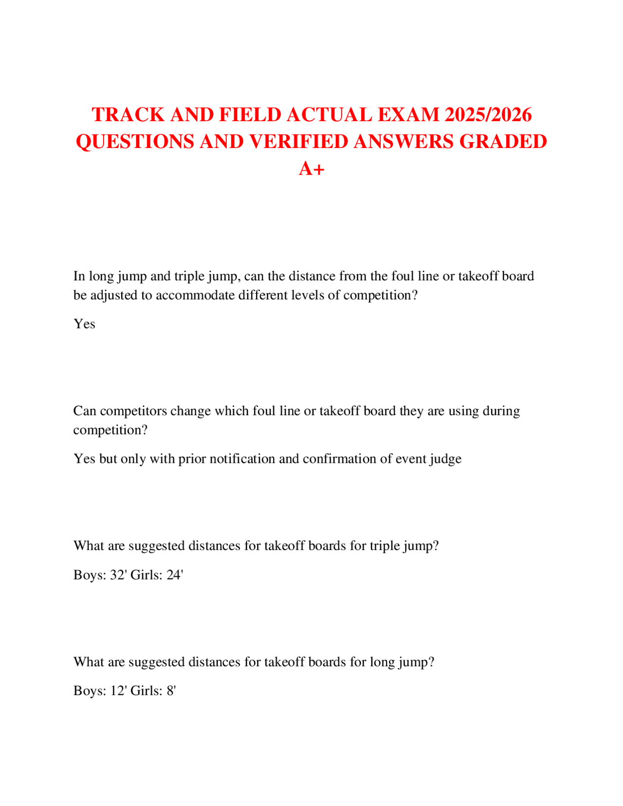Trackcore Questions TRACK AND FIELD ACTUAL EXAM 2025/2026 QUESTIONS AND VERIFIED ANSWERS ...