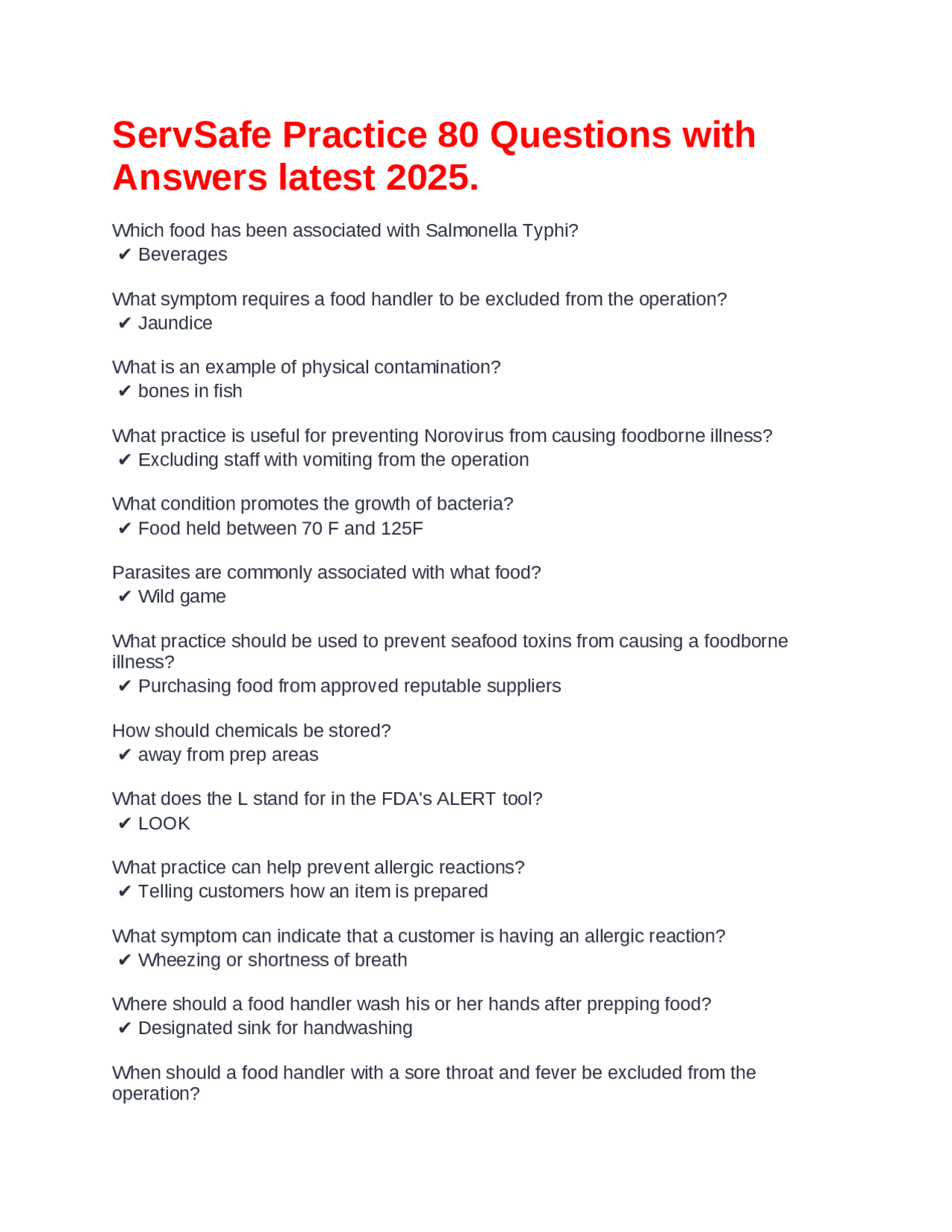 ServSafe Practice 80 Questions with Answers latest 2025. | Exams Nutrition | Docsity