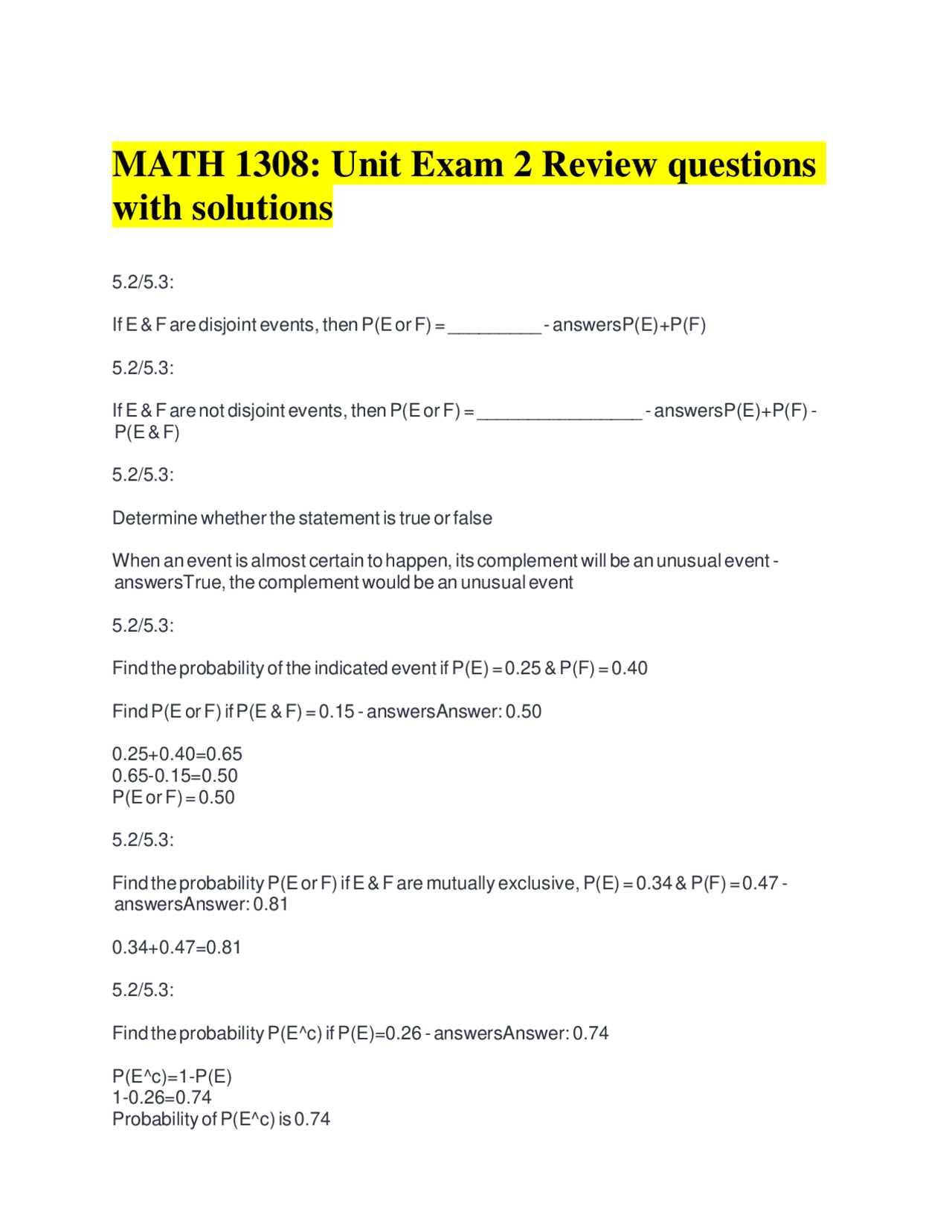 MATH 1308: Unit Exam 2 Review questions with solutions | Exams ...