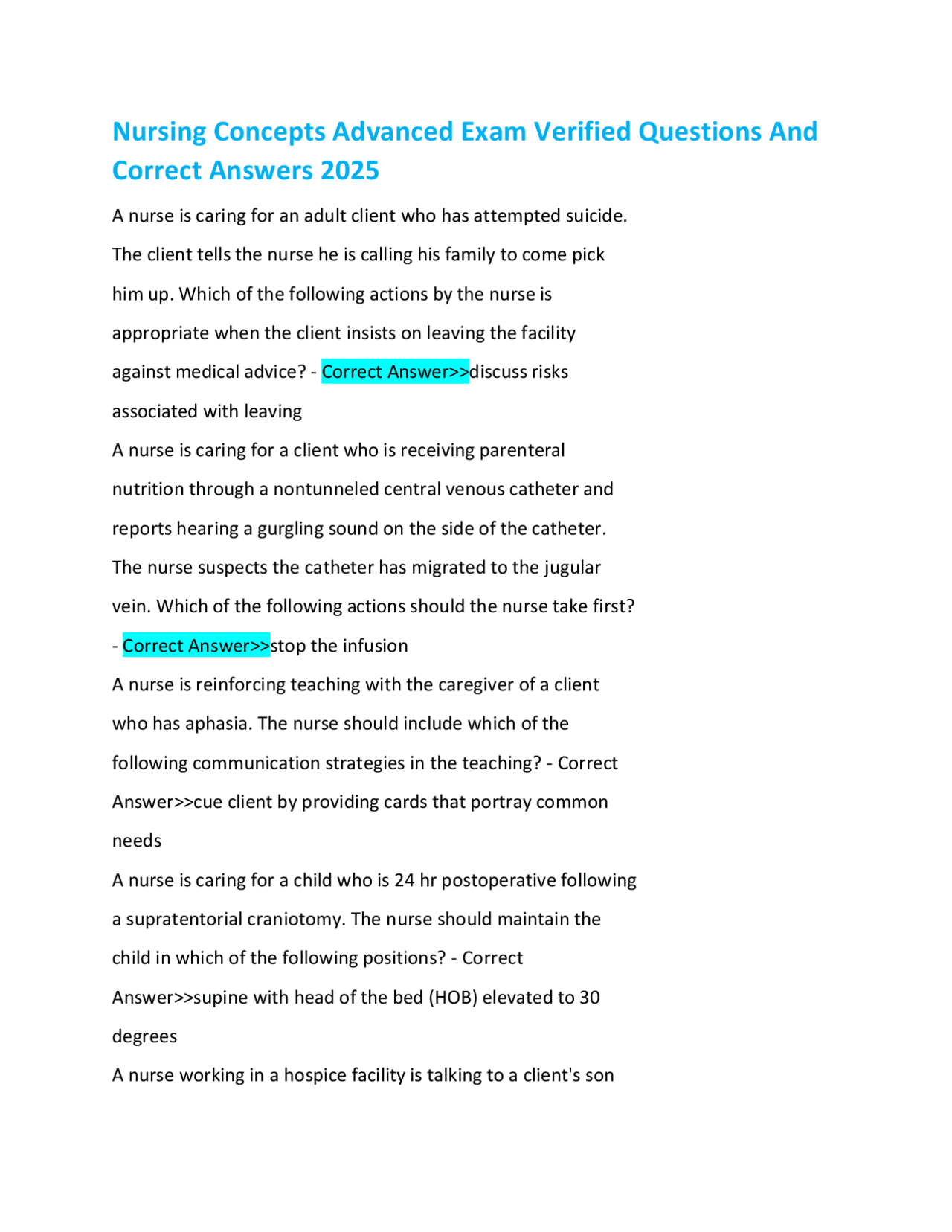 Nursing Concepts Advanced Exam Verified Questions And Correct Answers ...