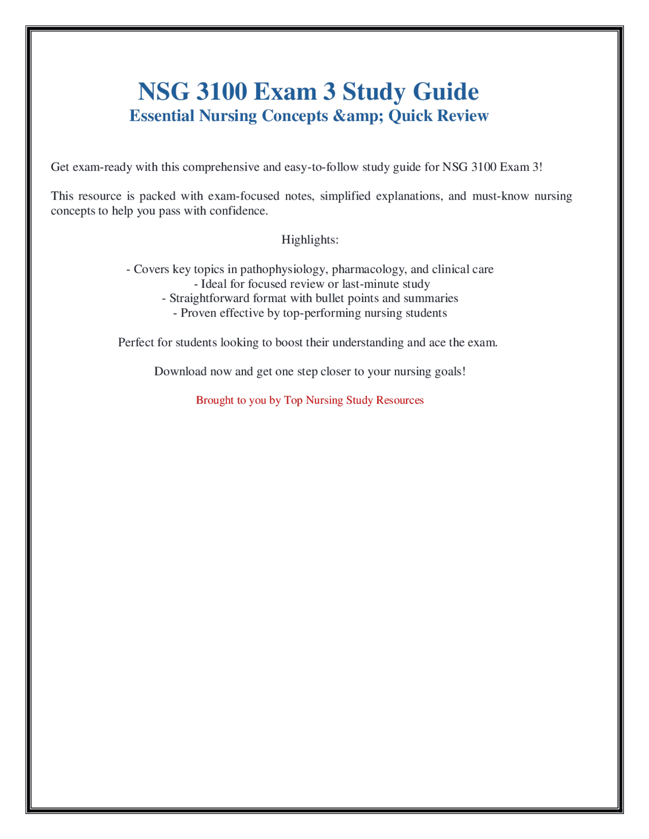 NSG 3100 Exam 3 Study Guide | Essential Nursing Concepts & Quick Review ...