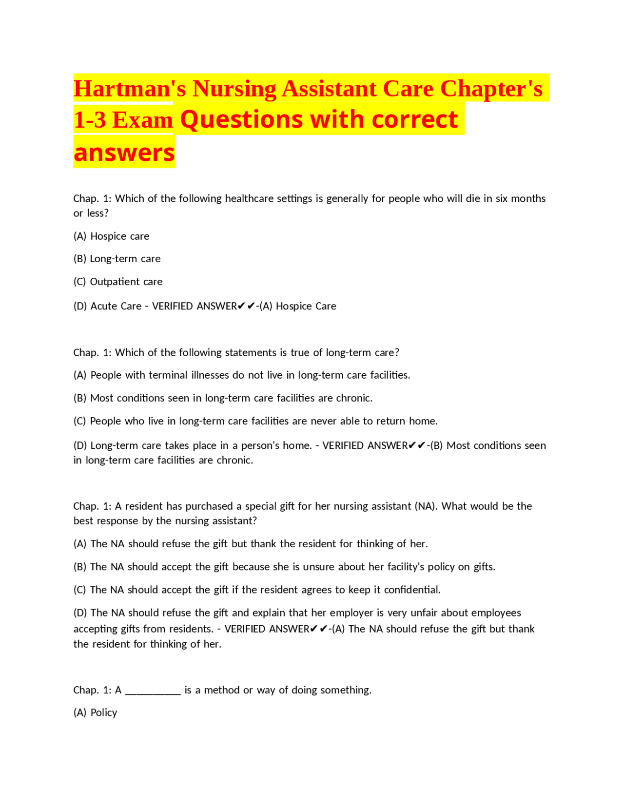 Hartman's Nursing Assistant Care Chapter's 1-3 Exam Questions with ...