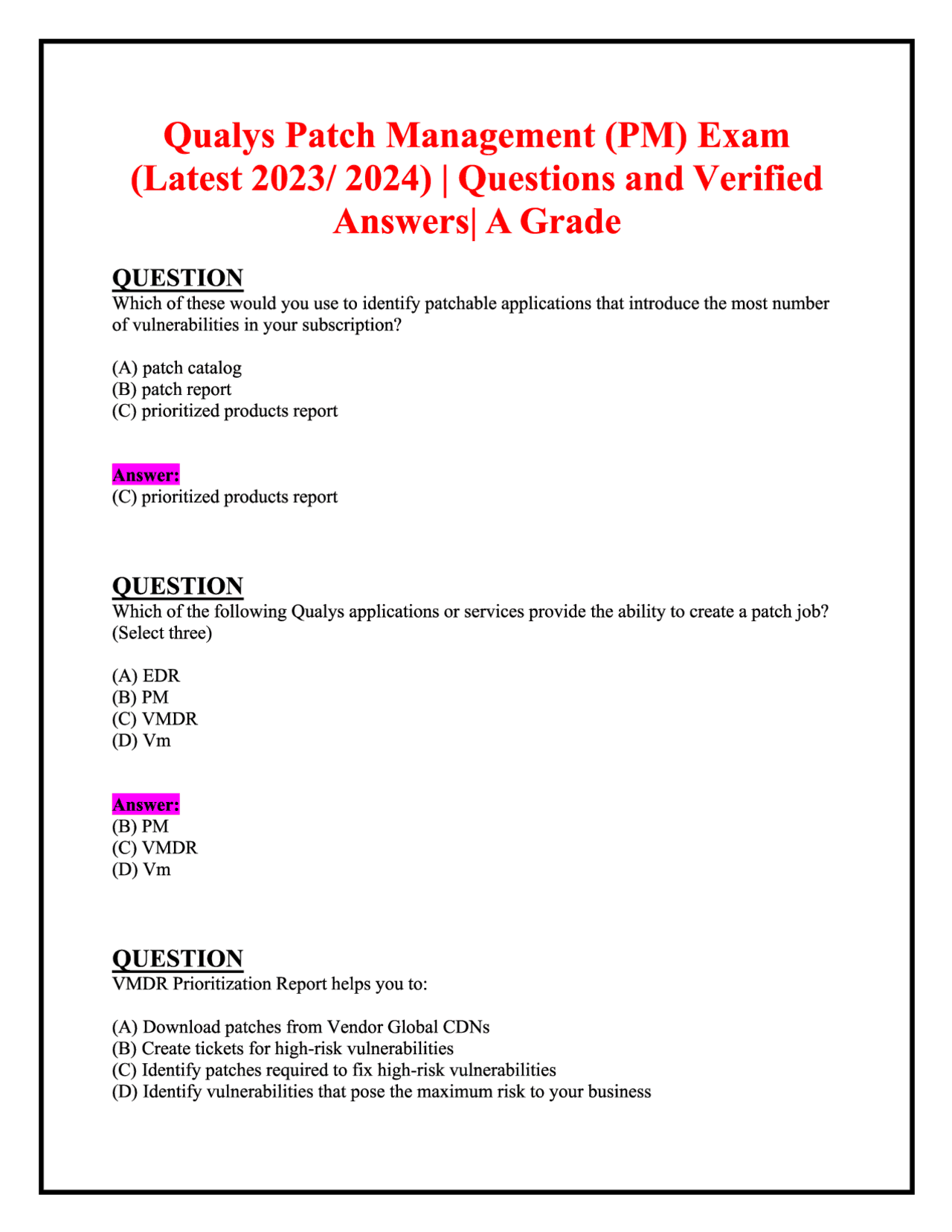 Qualys Patch Management (PM) Exam,Questions with 100% Correct Answers ...
