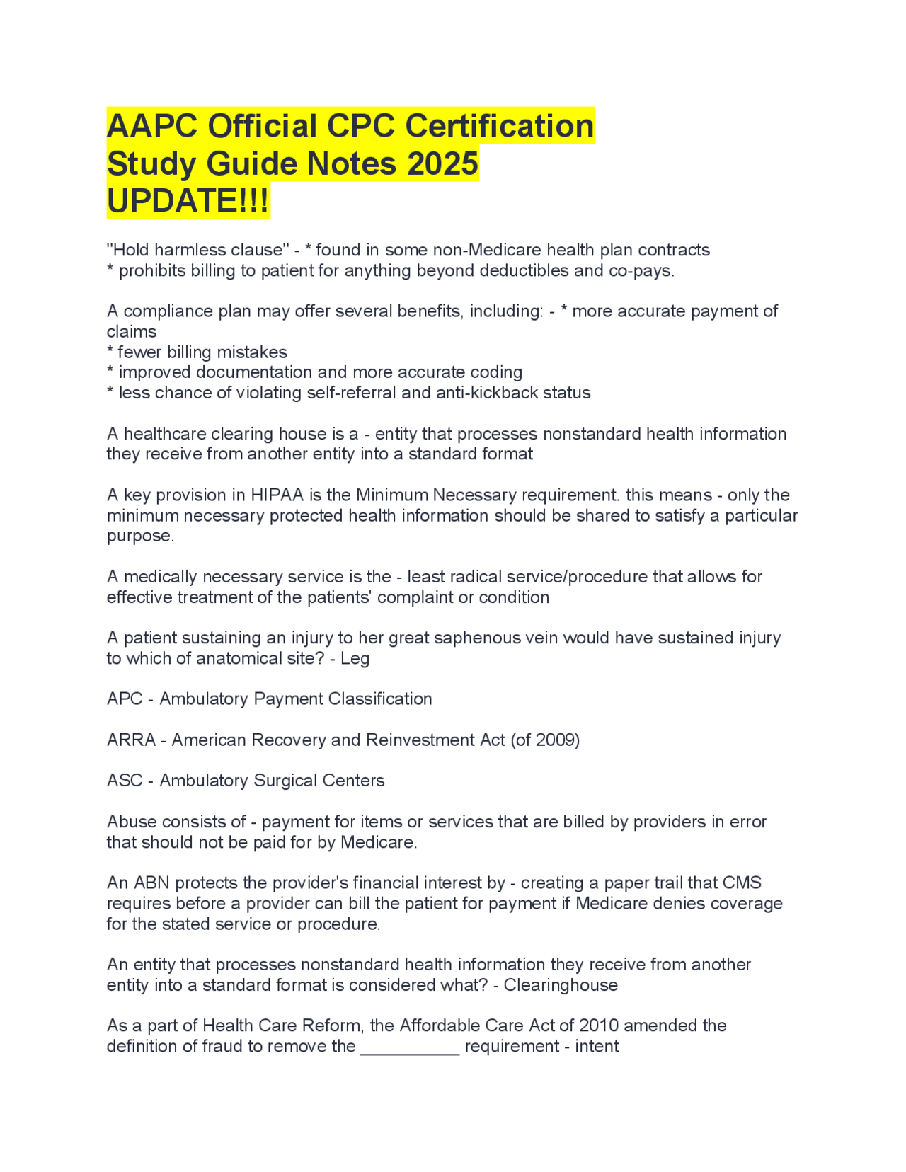 AAPC Official CPC Certification Study Guide Notes 2025 UPDATE!!!.pdf ...