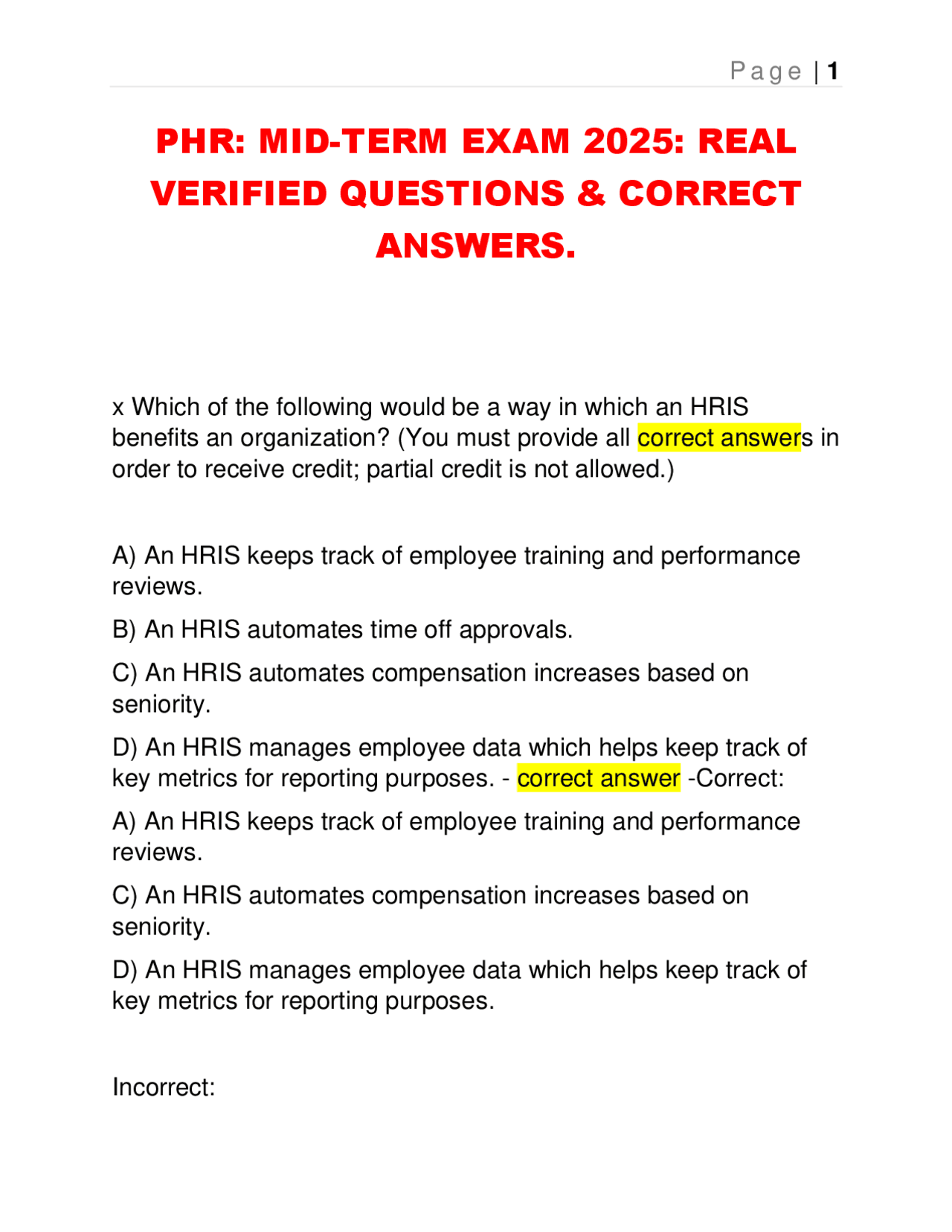 PHR: MID-TERM EXAM 2025: REAL VERIFIED QUESTIONS &amp; CORRECT ANSWERS. | Exams Human Resource ...