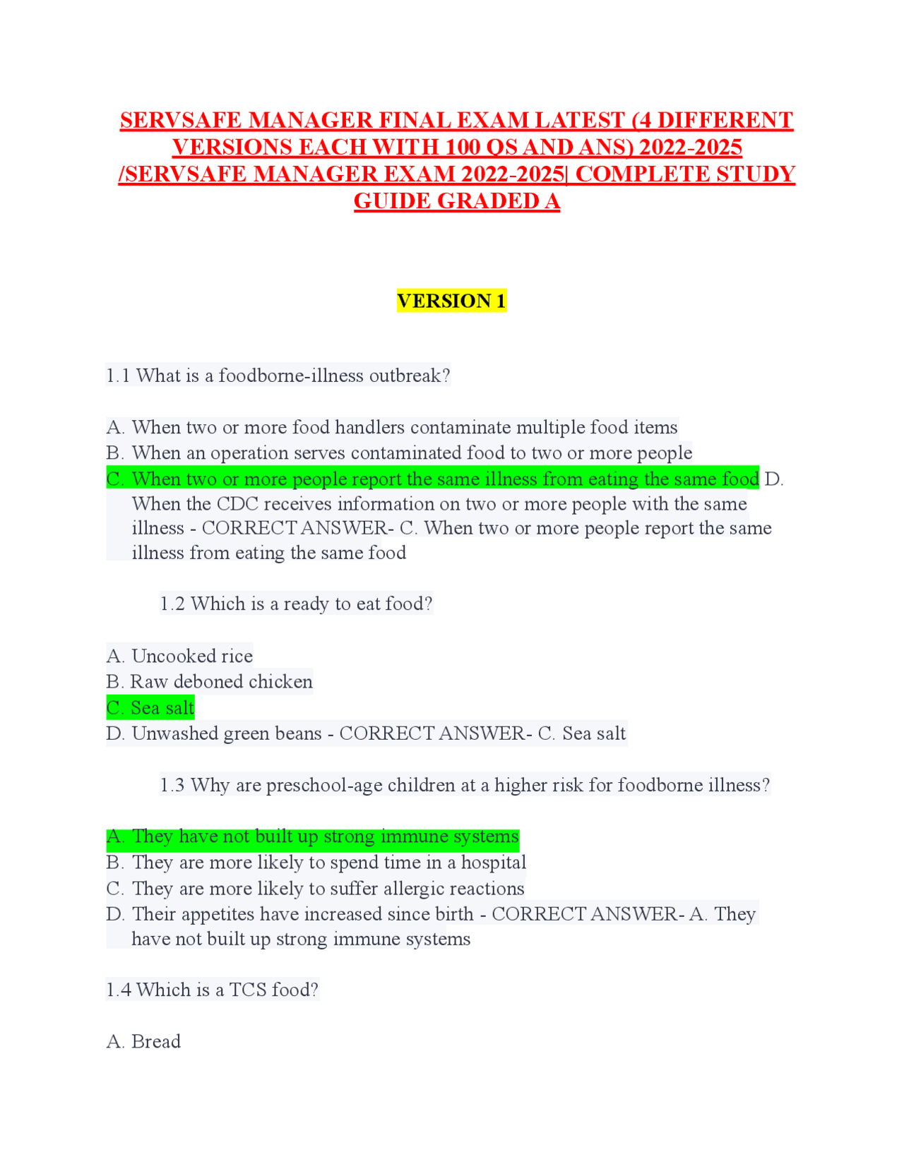 SERVSAFE MANAGER FINAL EXAM LATEST (4 DIFFERENT VERSIONS EACH WITH 100 ...