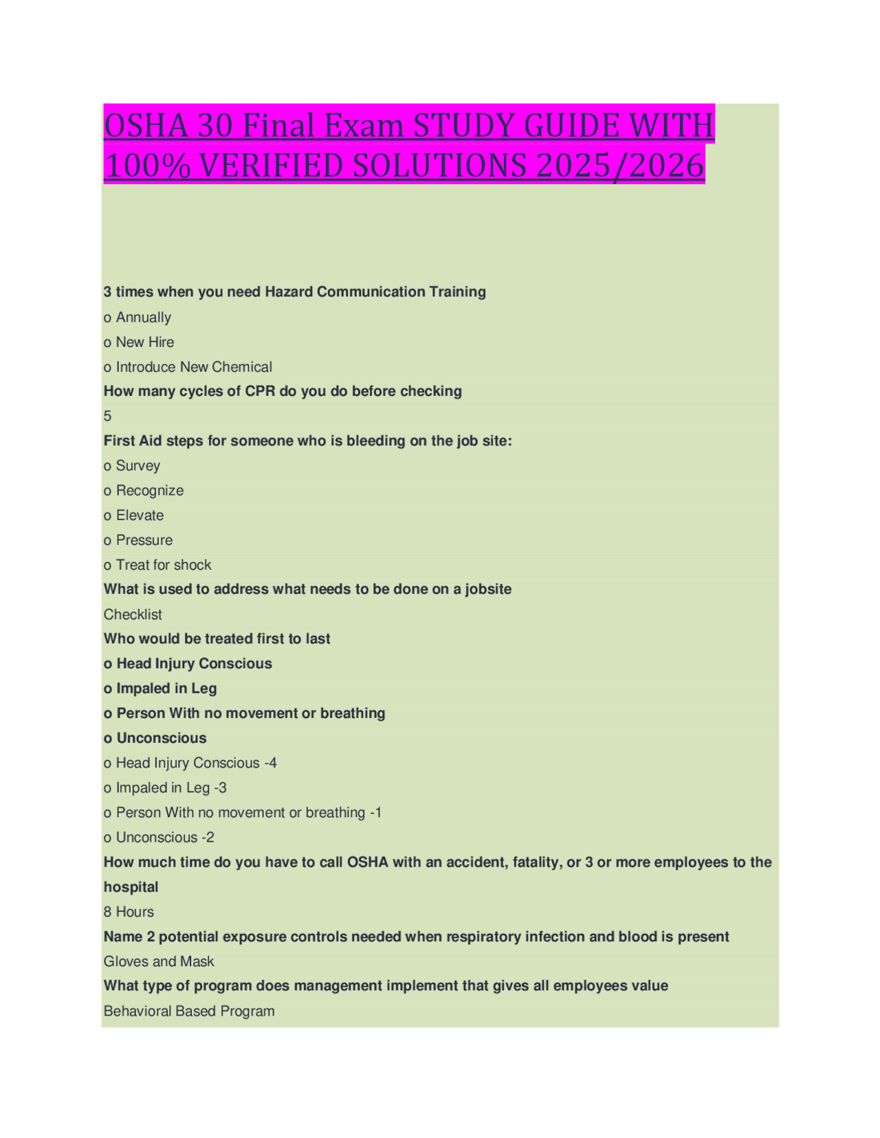 OSHA 30 Final Exam STUDY GUIDE WITH 100% VERIFIED SOLUTIONS 2025/2026 ...