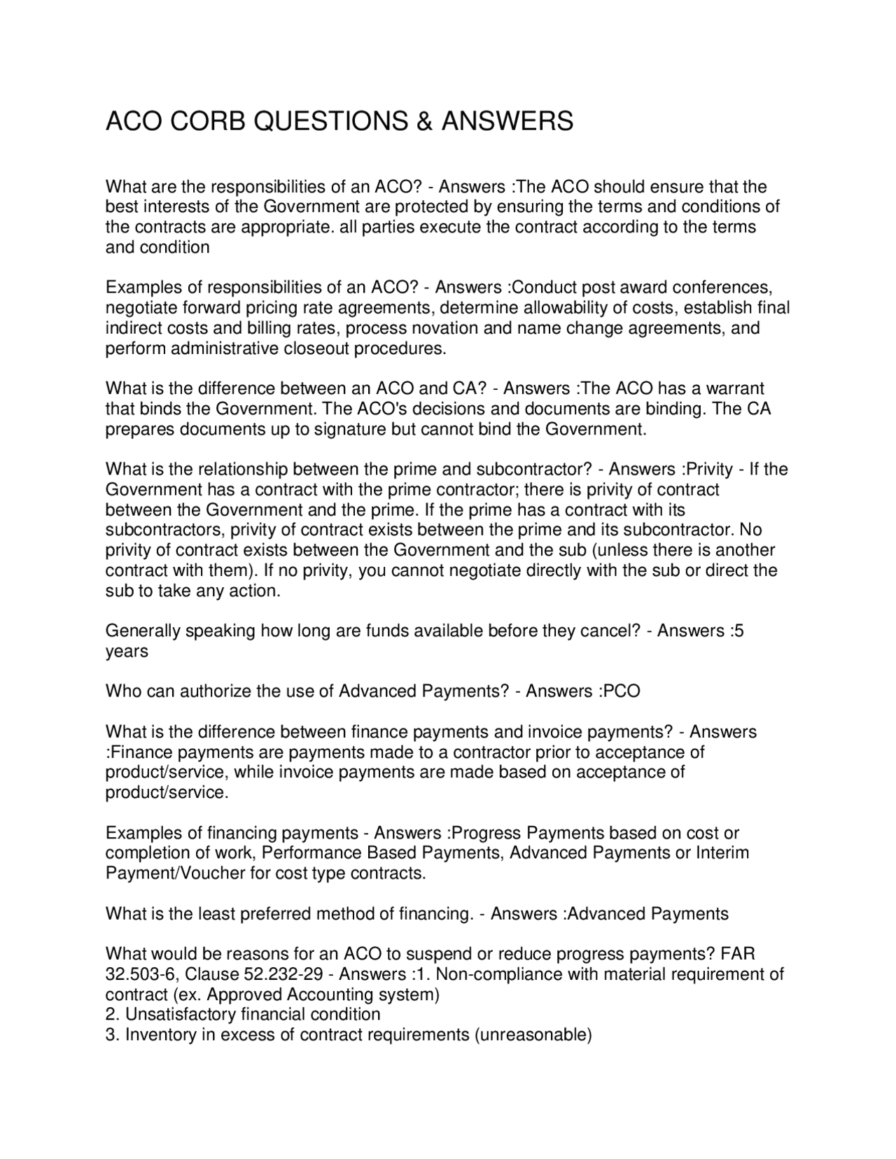 ACO Responsibilities: Questions & Answers on Government Contracting ...
