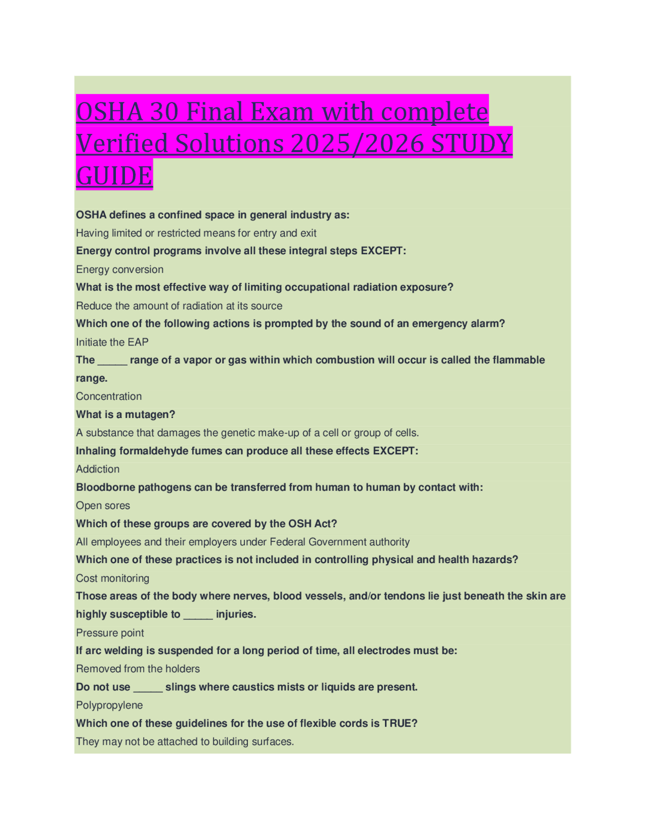 OSHA 30 Final Exam Study Guide: Verified Solutions 2025/2026 | Exams ...
