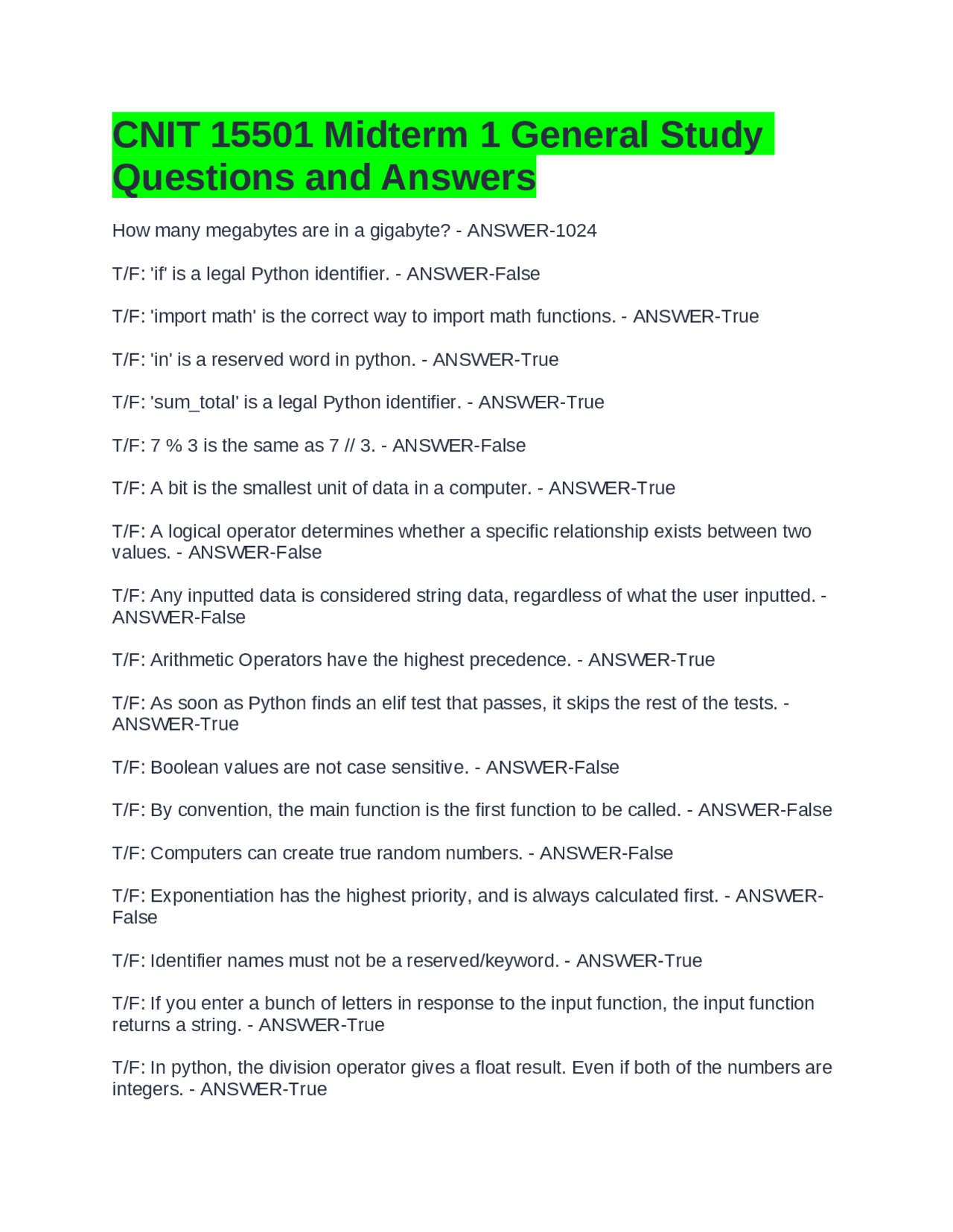 Python Programming Fundamentals: Study Questions and Answers | Exams ...