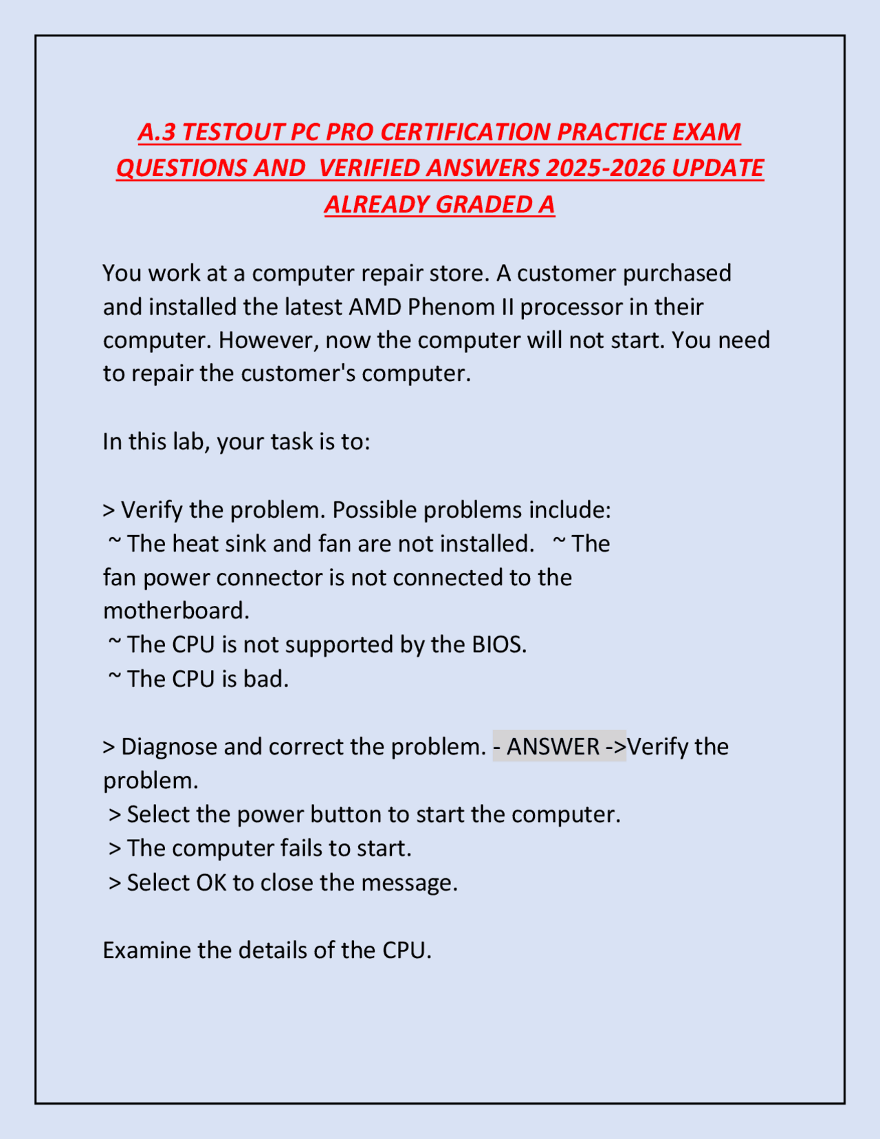 A.3 TESTOUT PC PRO CERTIFICATION PRACTICE EXAM QUESTIONS AND VERIFIED ...