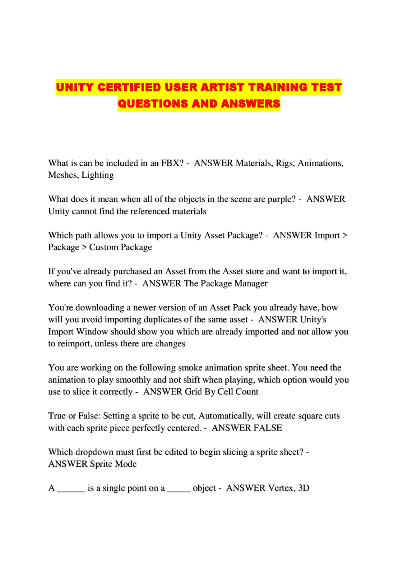 UNITY CERTIFIED USER ARTIST TRAINING TEST QUESTIONS AND ANSWERS | Exams ...