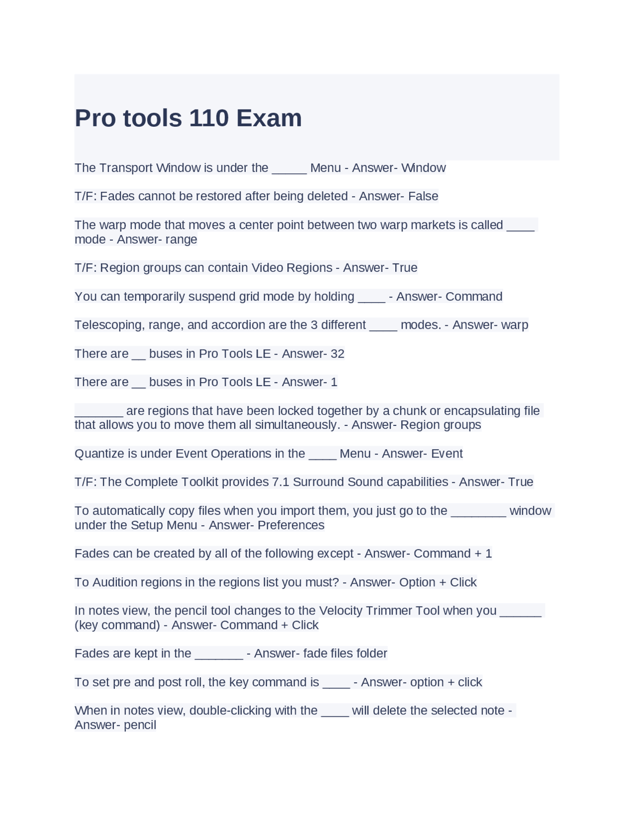 Pro Tools 110 Exam Questions With Correct Answers Exams Advanced