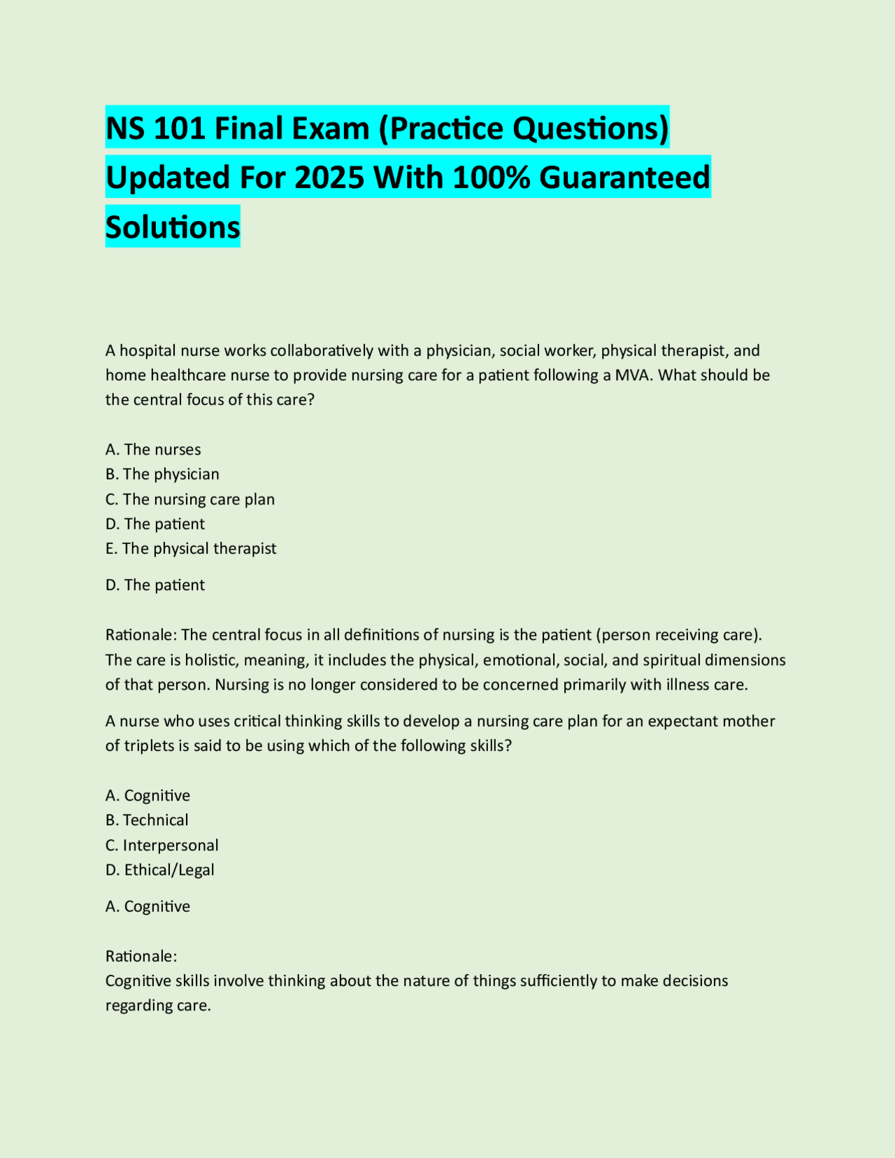 NS 101 Final Exam (Practice Questions) Updated For 2025 With 100% ...