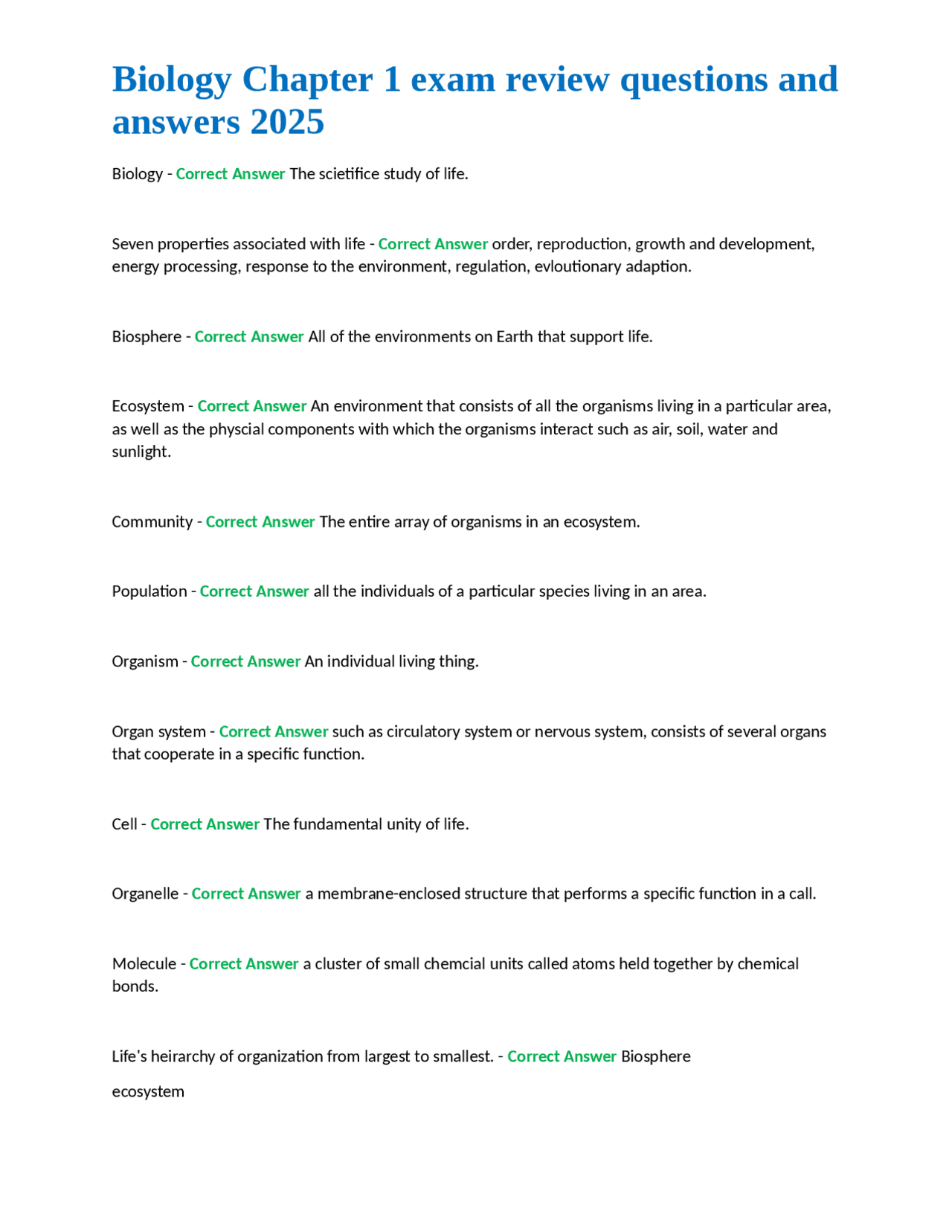 Biology Chapter 1 exam review questions and answers 2025 | Exams ...