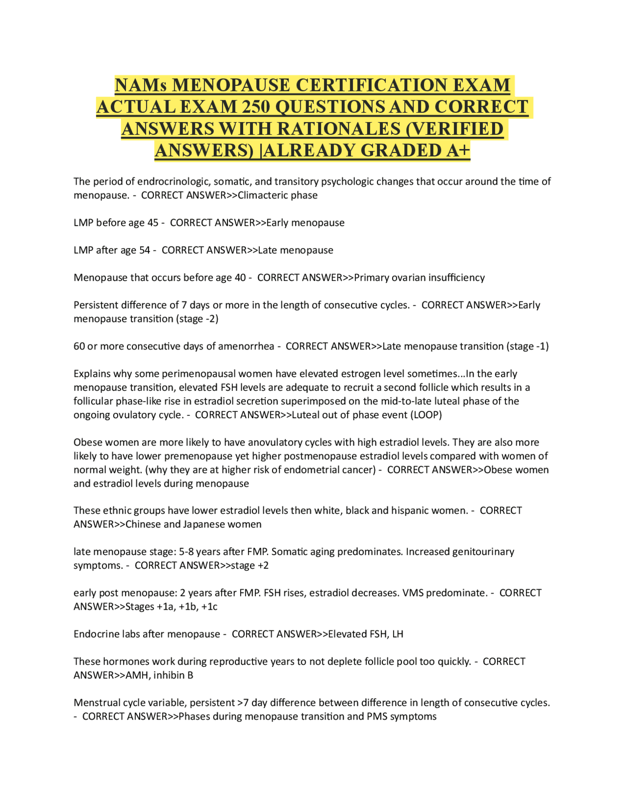 NAMs MENOPAUSE CERTIFICATION EXAM ACTUAL EXAM 250 QUESTIONS AND CORRECT ...