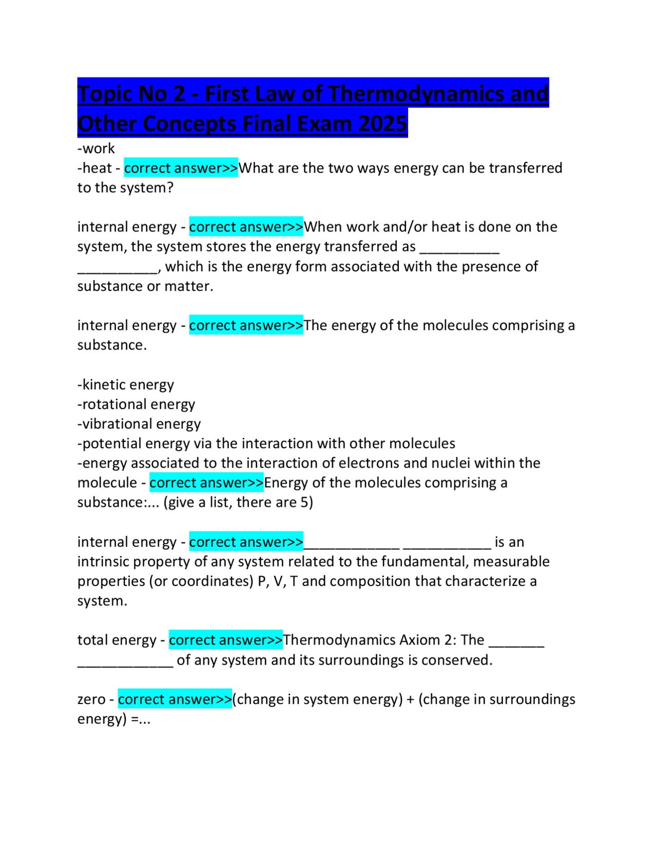 Topic No 2 - First Law of Thermodynamics and Other Concepts Final Exam ...