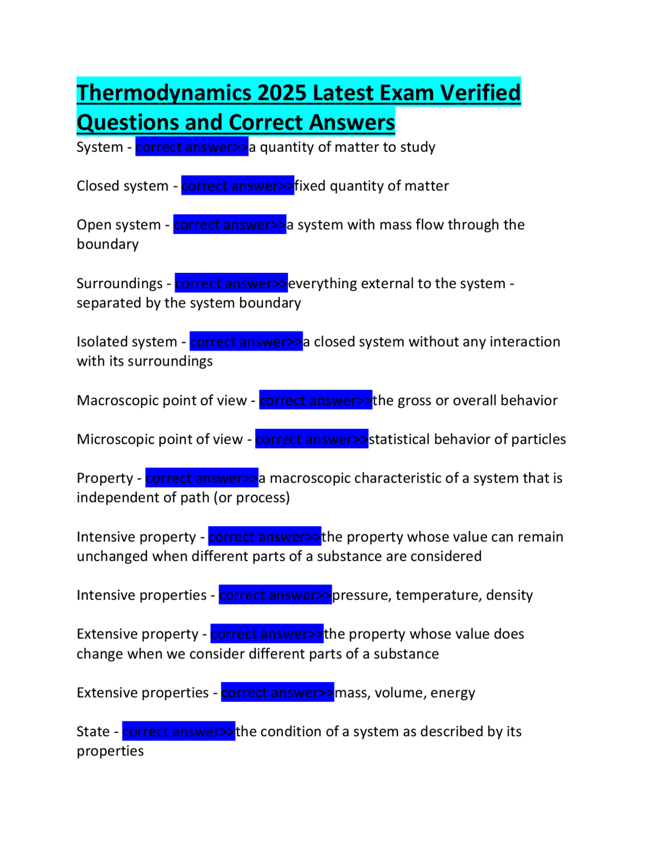 Thermodynamics 2025 Latest Exam Verified Questions and Correct Answers ...