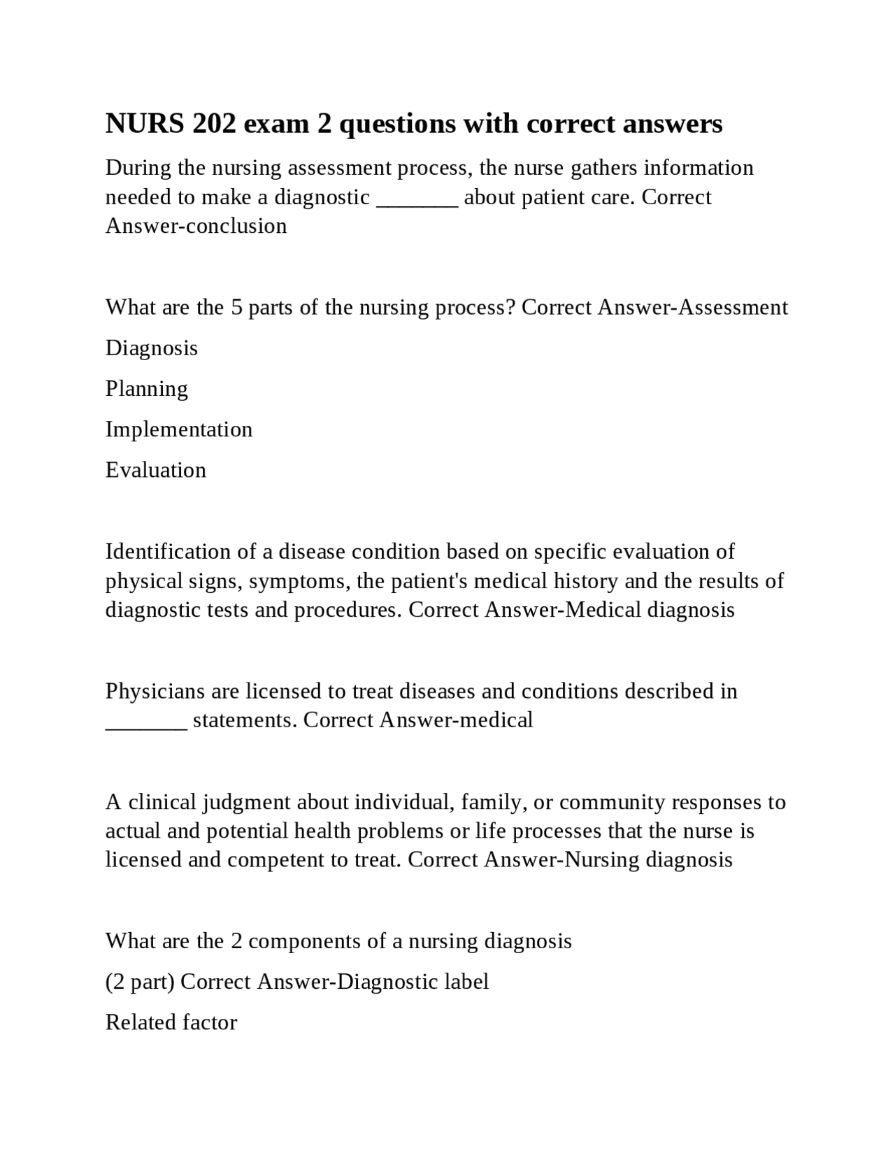NURS 202 exam 2 questions with correct answers | Exams Nursing | Docsity