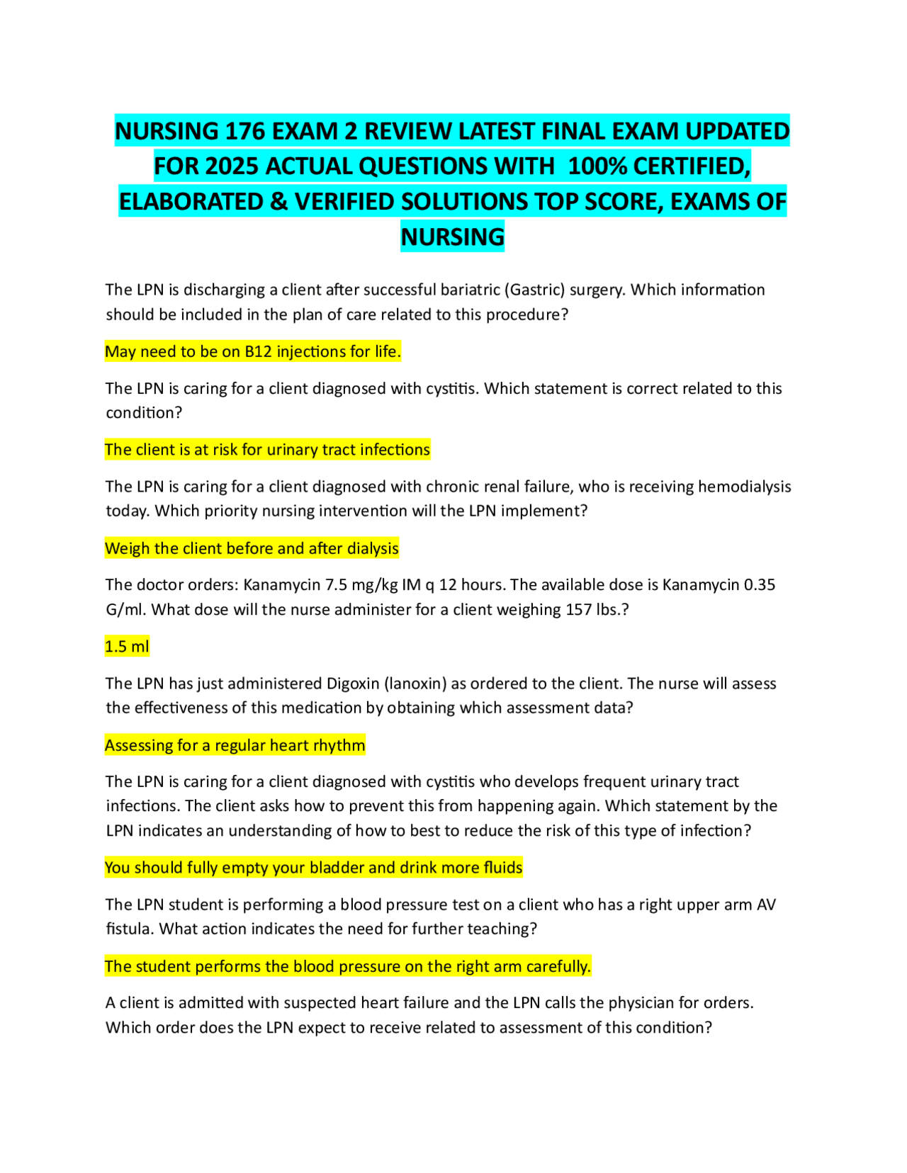 NURSING 176 EXAM 2 REVIEW LATEST FINAL EXAM UPDATED FOR 2025 ACTUAL ...