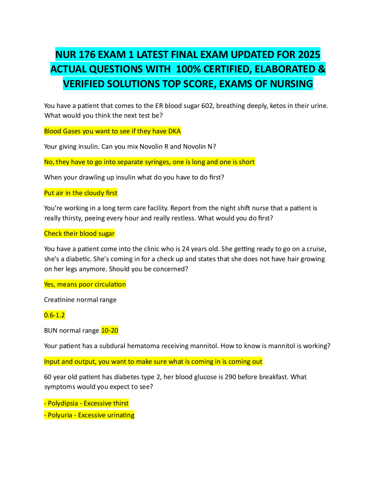 NUR 176 EXAM 1 LATEST FINAL EXAM UPDATED FOR 2025 ACTUAL QUESTIONS WITH ...