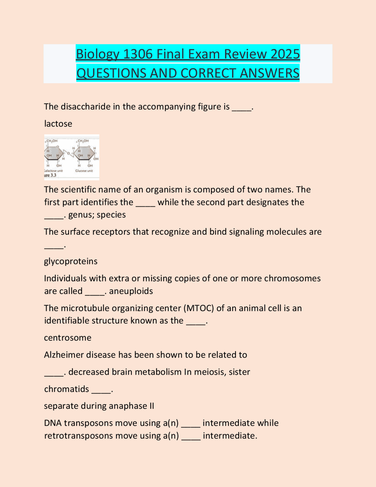 Biology 1306 Final Exam Review 2025 QUESTIONS AND CORRECT ANSWERS. | Exams Nursing | Docsity