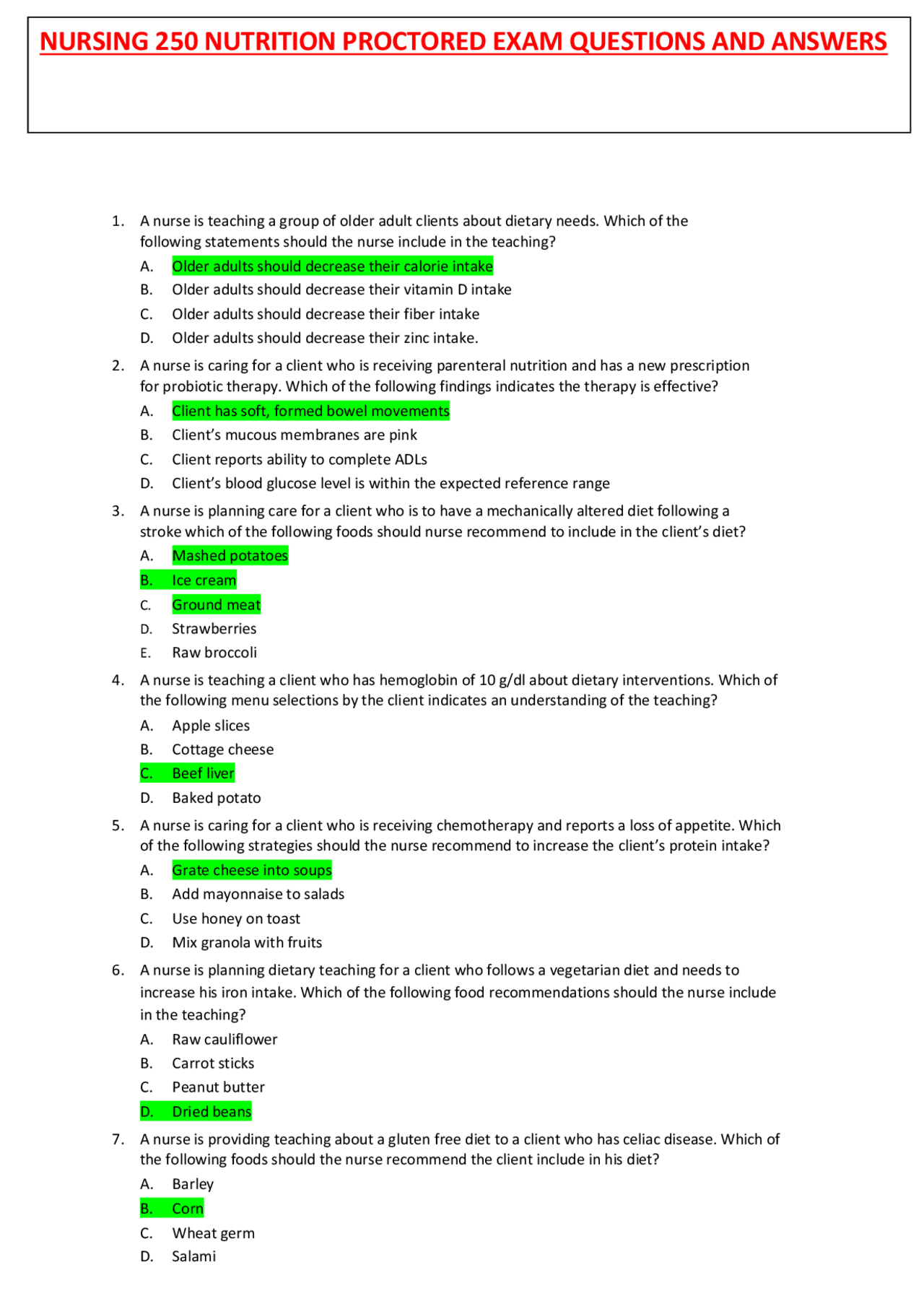 NURSING 250 NUTRITION PROCTORED EXAM QUESTIONS AND ANSWERS | Exams ...