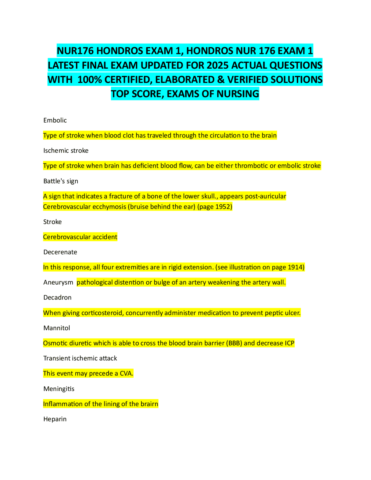 NUR176 HONDROS EXAM 1, HONDROS NUR 176 EXAM 1 LATEST FINAL EXAM UPDATED ...