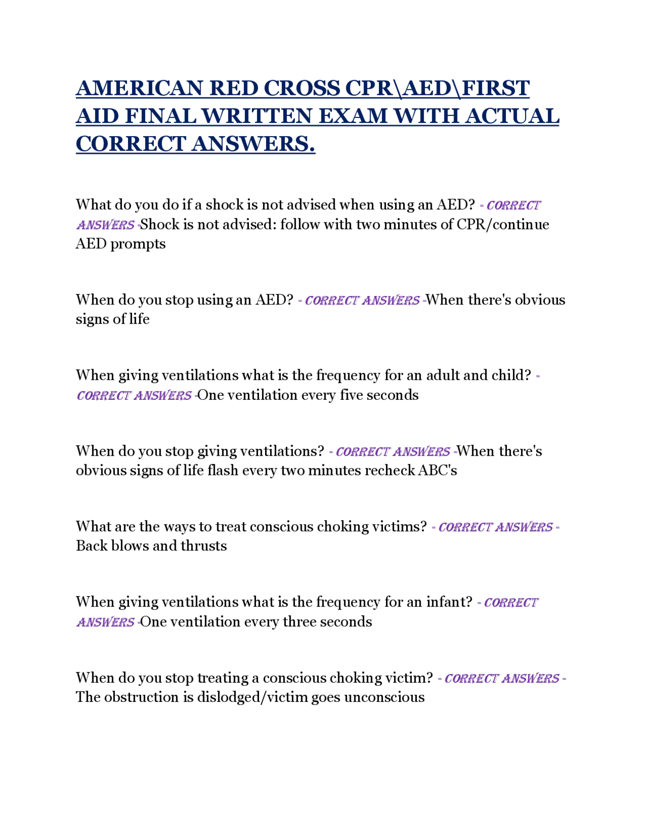 AMERICAN RED CROSS CPR\AED\FIRST AID FINAL WRITTEN EXAM WITH ACTUAL ...