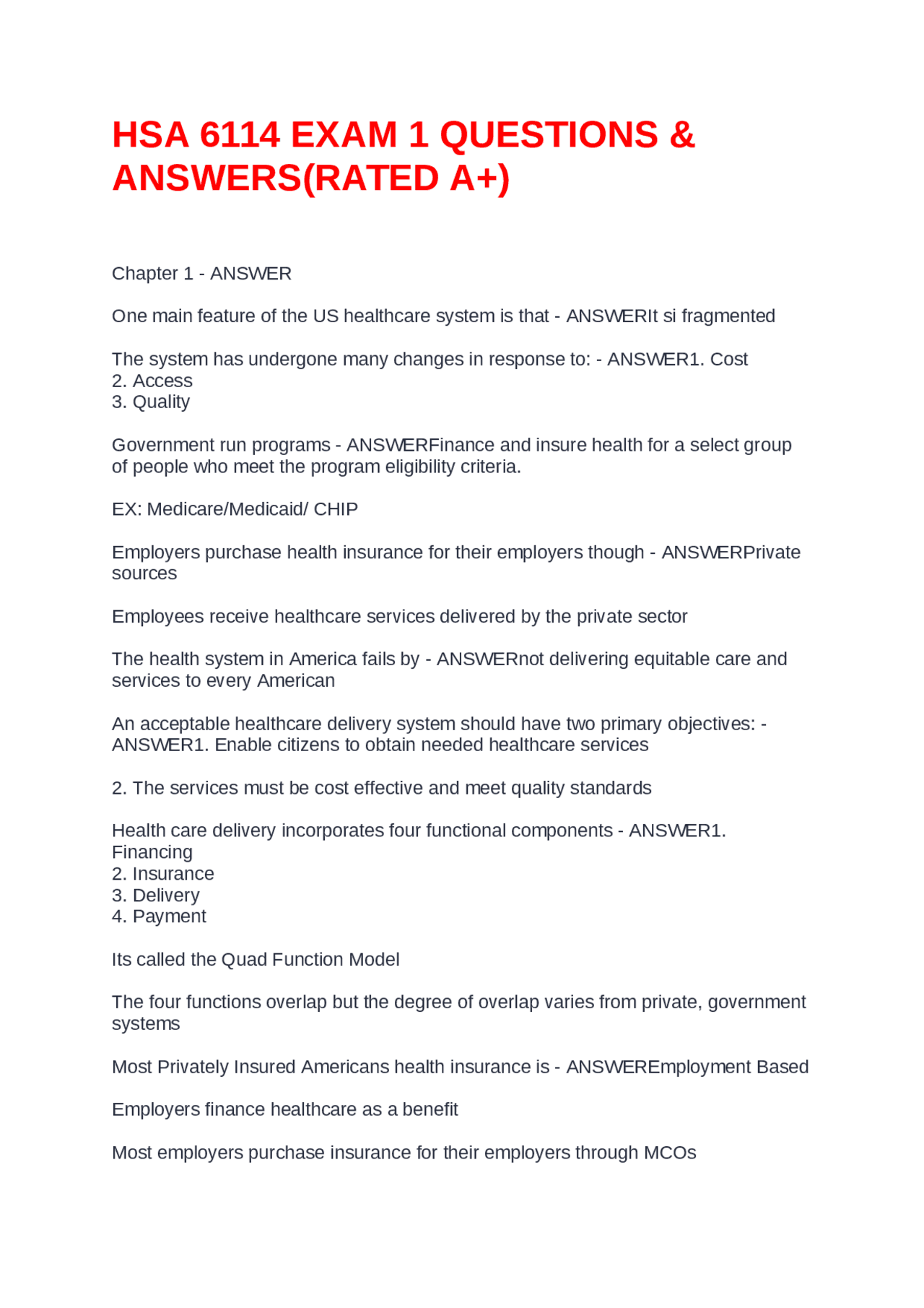 Hsa Questions HSA 6114 EXAM 1 QUESTIONS & ANSWERS(RATED A+) | Exams Nursing | Docsity