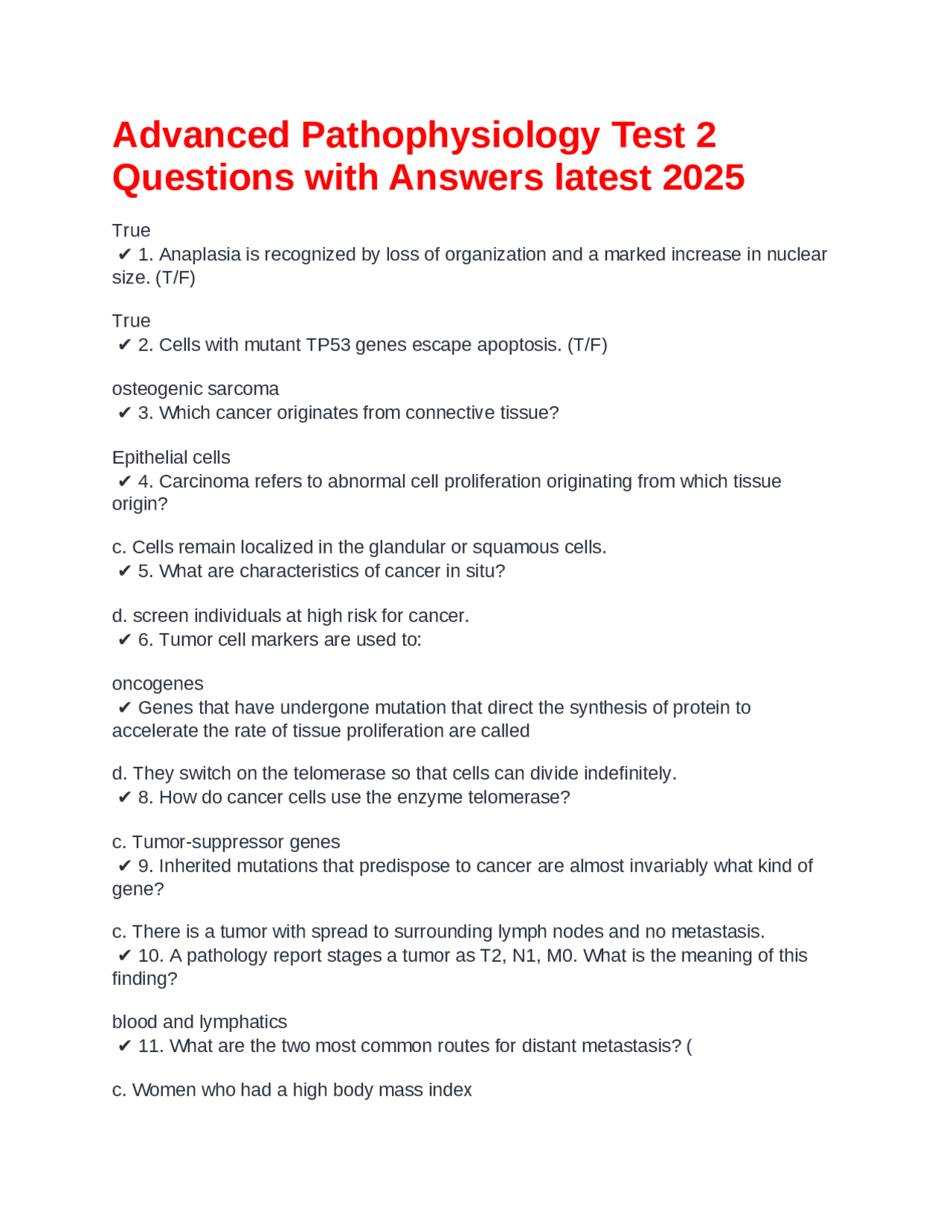 Advanced Pathophysiology Test 2 Questions with Answers latest 2025 ...