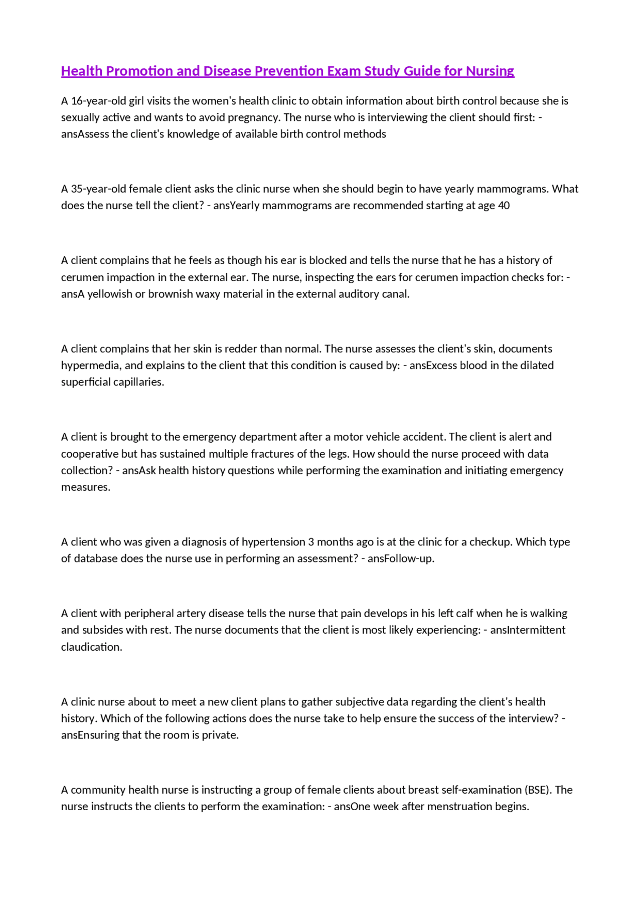 Health Promotion and Disease Prevention Exam Study Guide for Nursing ...