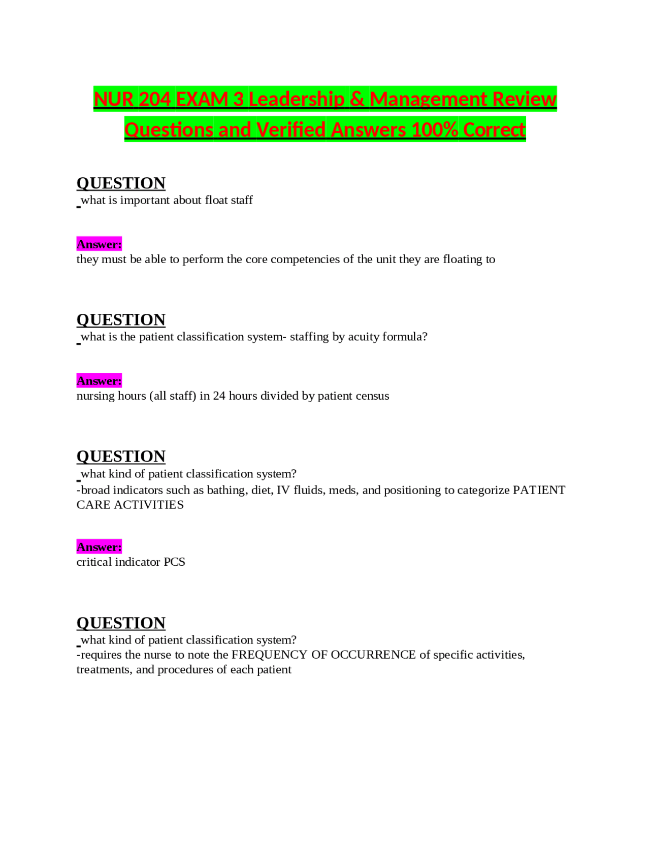 NUR 204 EXAM 3 Leadership & Management Review Questions and Verified ...