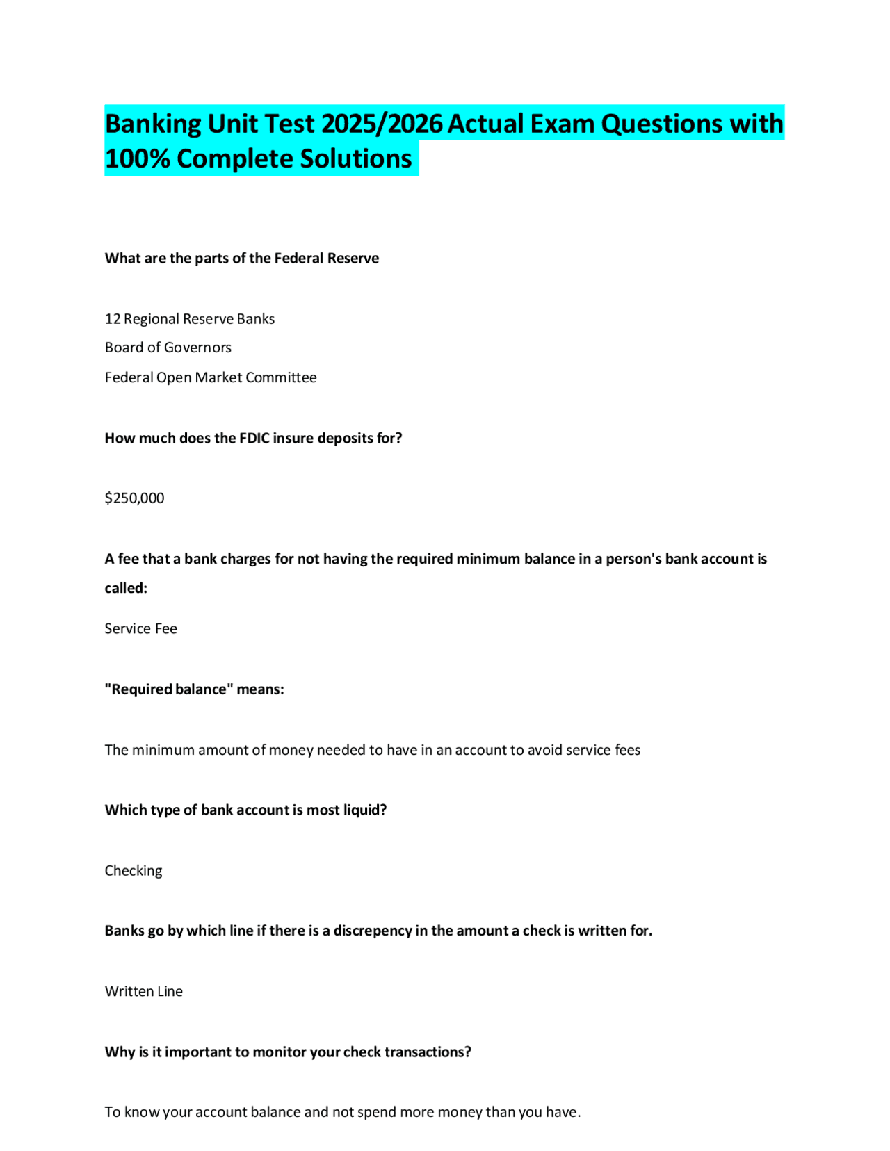 Banking Unit Test 2025/2026 Actual Exam Questions with 100% Complete ...