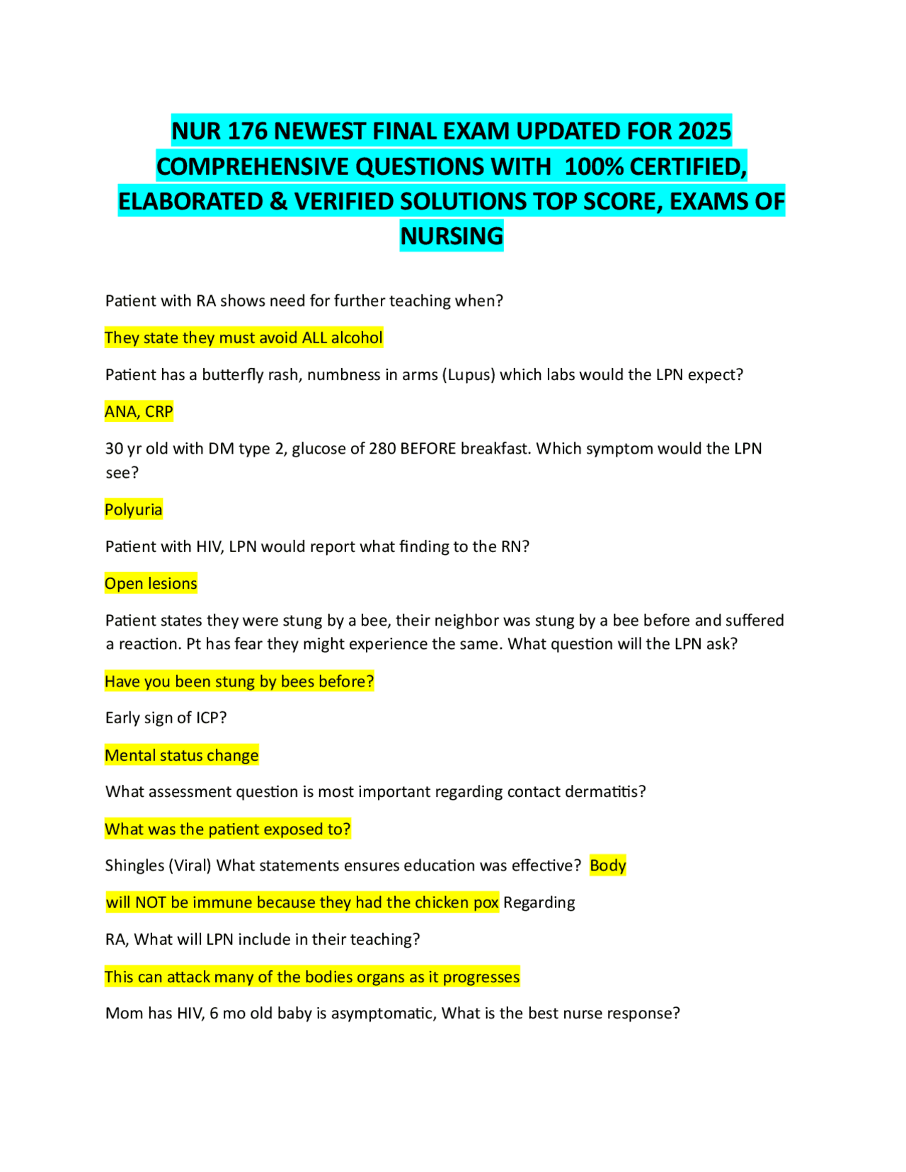 NUR 176 NEWEST FINAL EXAM UPDATED FOR 2025 COMPREHENSIVE QUESTIONS WITH ...