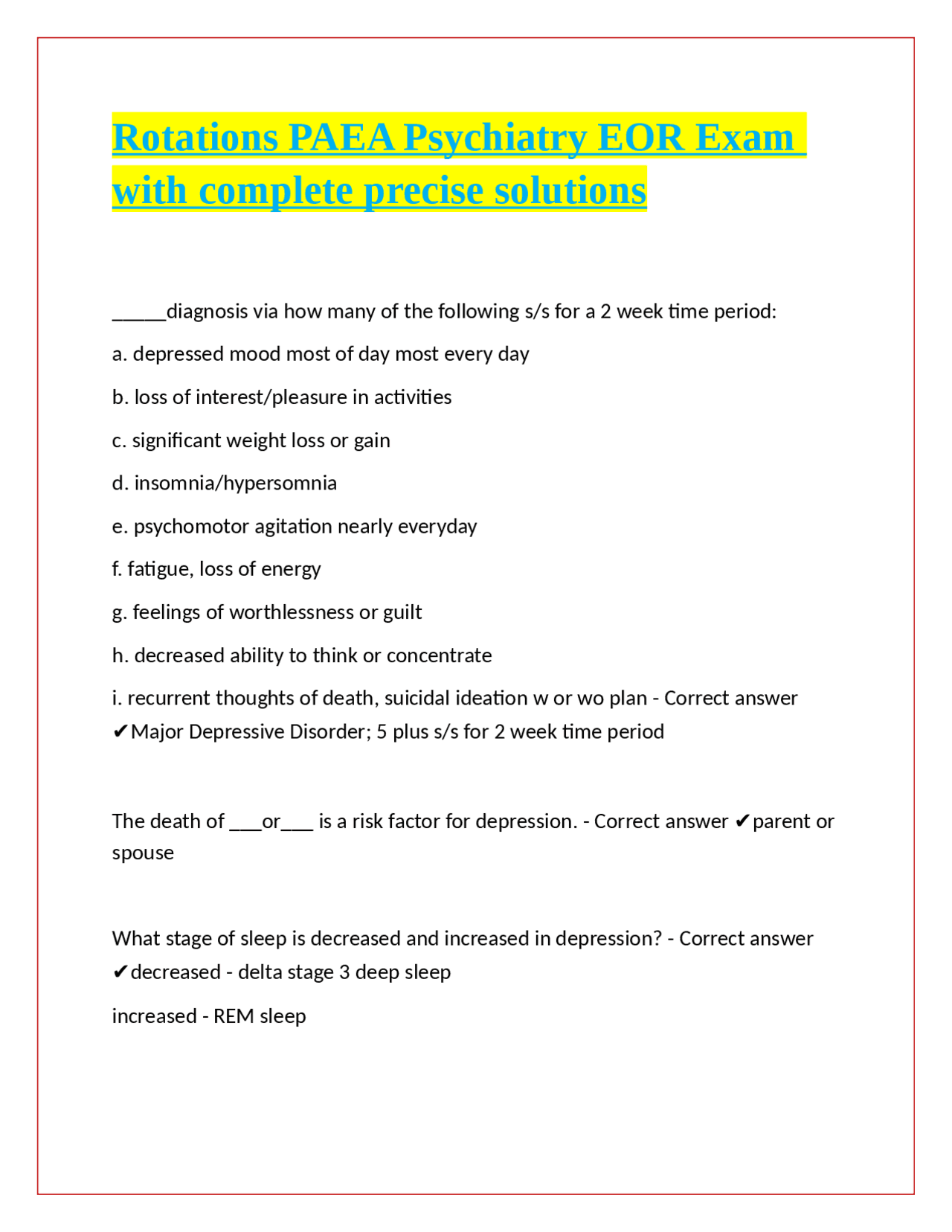 Rotations PAEA Psychiatry EOR Exam with complete precise solutions ...