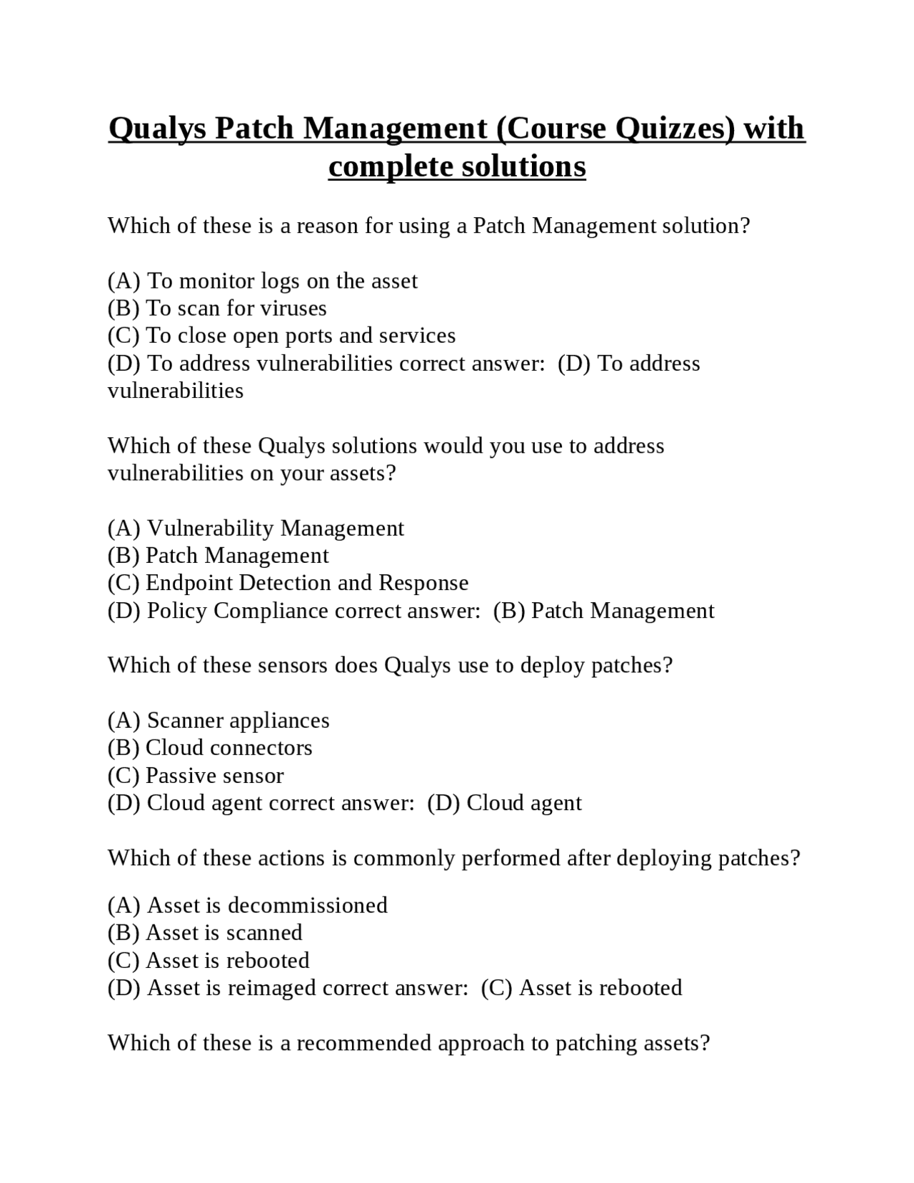 Qualys Patch Management (Course Quizzes) with complete solutions ...