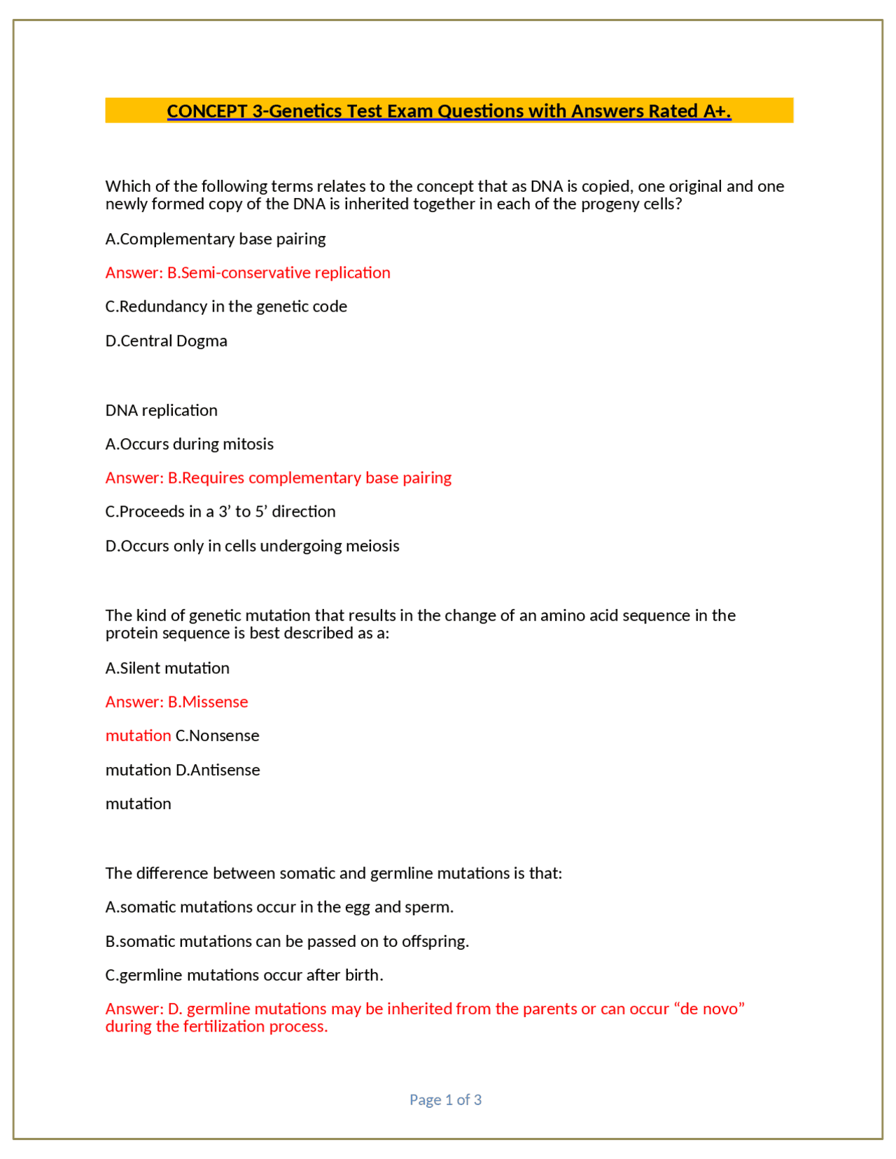 CONCEPT 3-Genetics Test Exam Questions with Answers Rated A+. | Exams ...