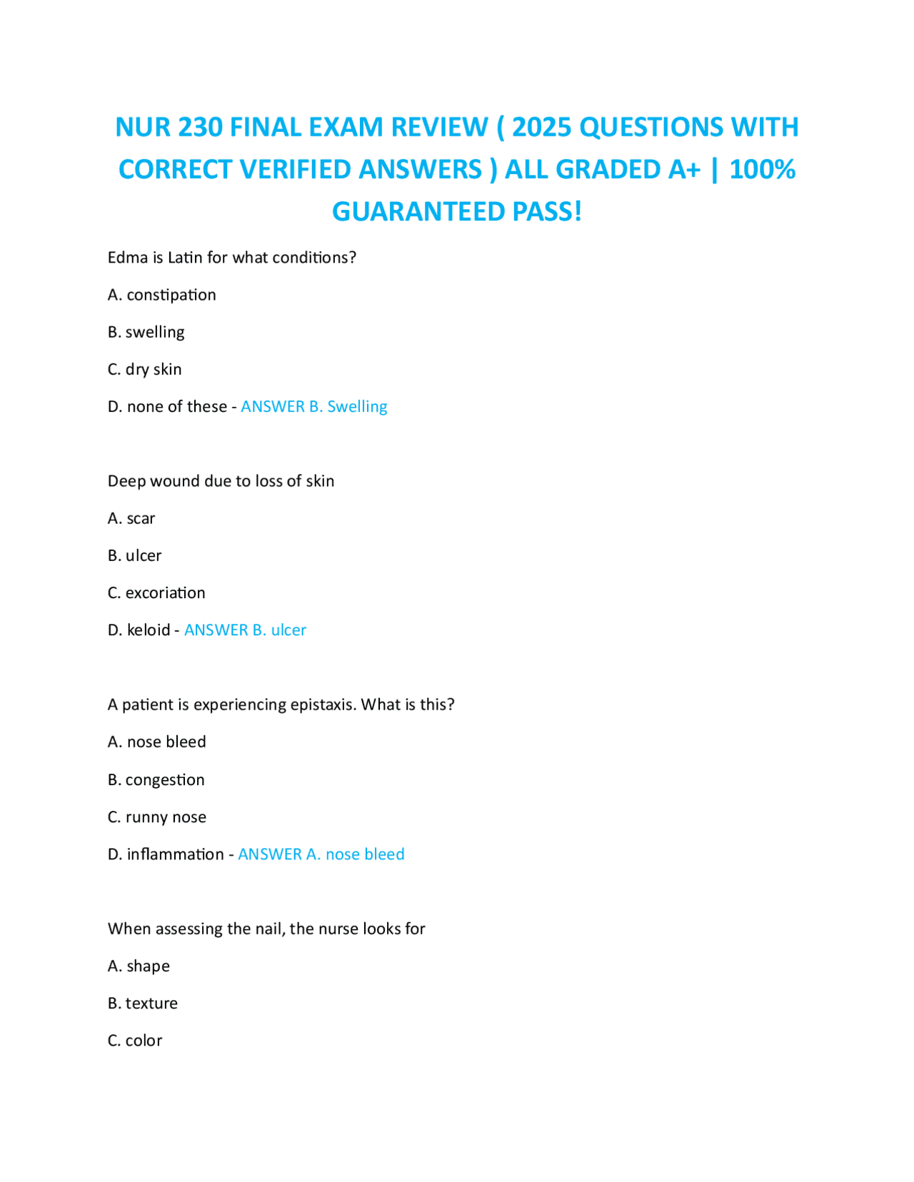 NUR 230 FINAL EXAM REVIEW ( 2025 QUESTIONS WITH CORRECT VERIFIED ...