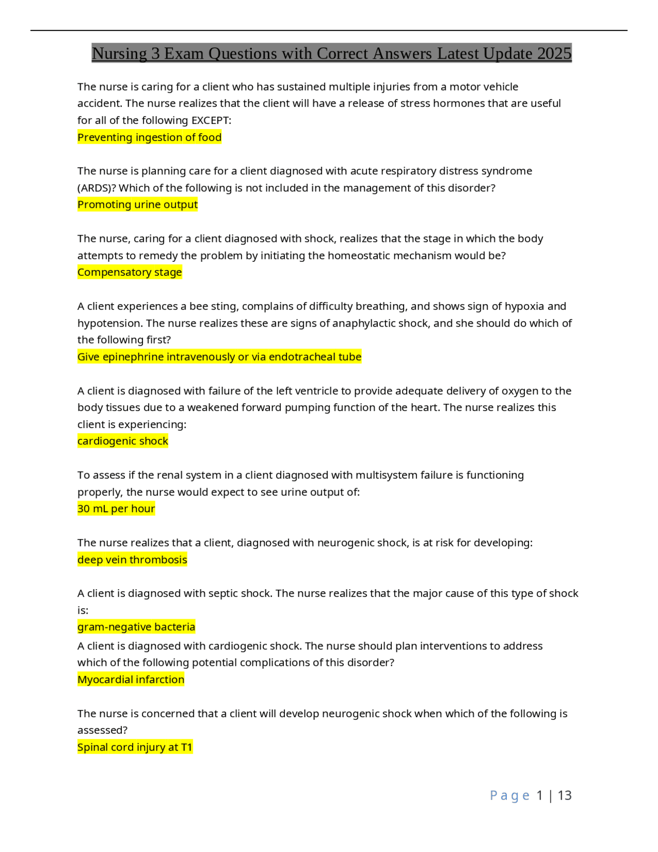Nursing 3 Exam Questions with Correct Answers Latest Update 2025 ...