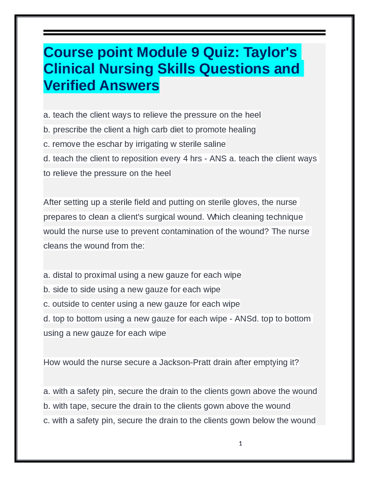 Clinical Nursing Skills: Wound Care Quiz with Verified Answers | Exams ...