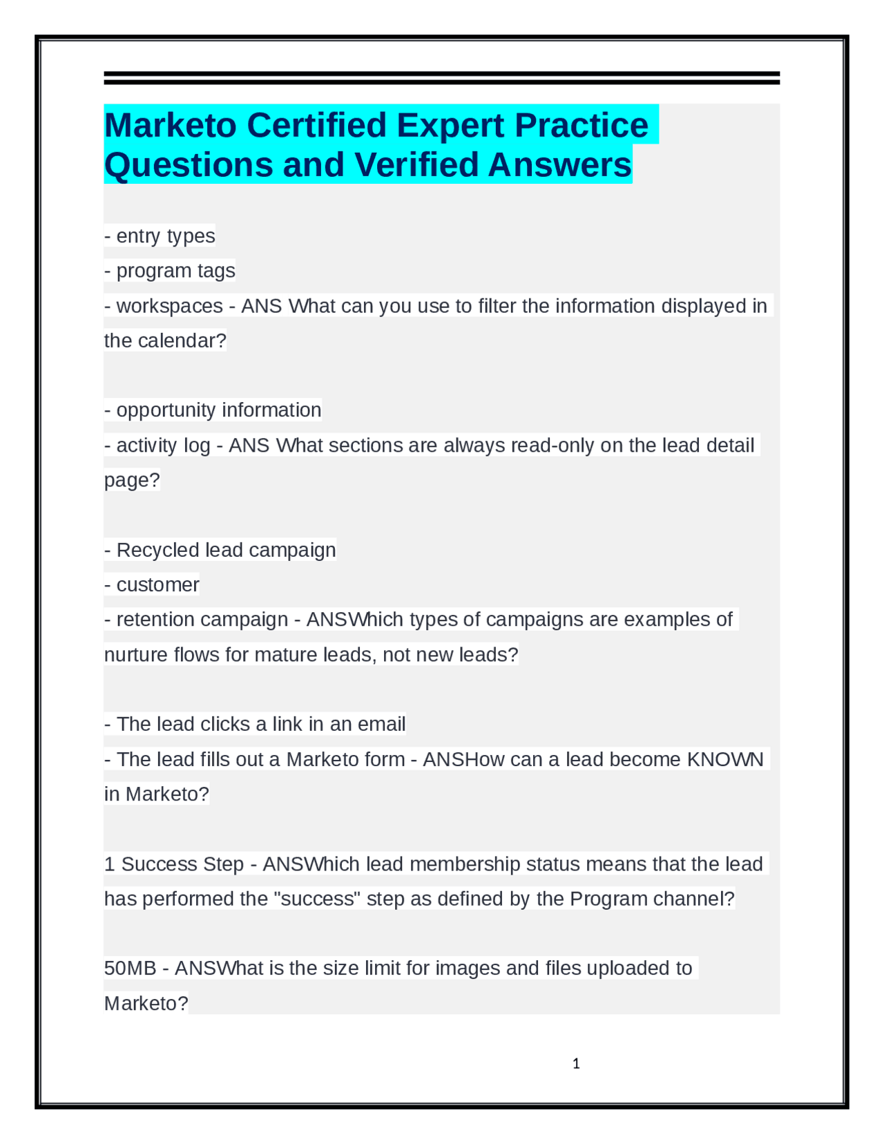 Marketo Certified Expert Practice Questions and Verified Answers 2025. Graded A | Exams Business ...