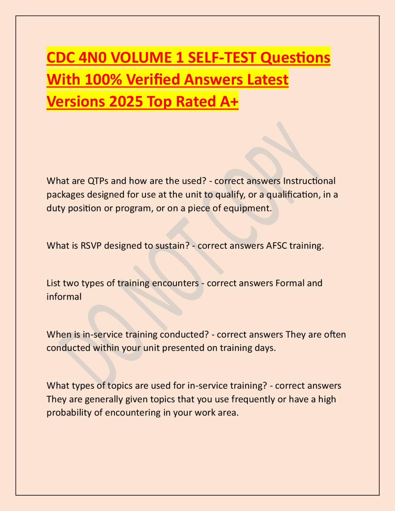 CDC 4N0 VOLUME 1 SELF-TEST Questions With 100% Verified Answers Latest ...